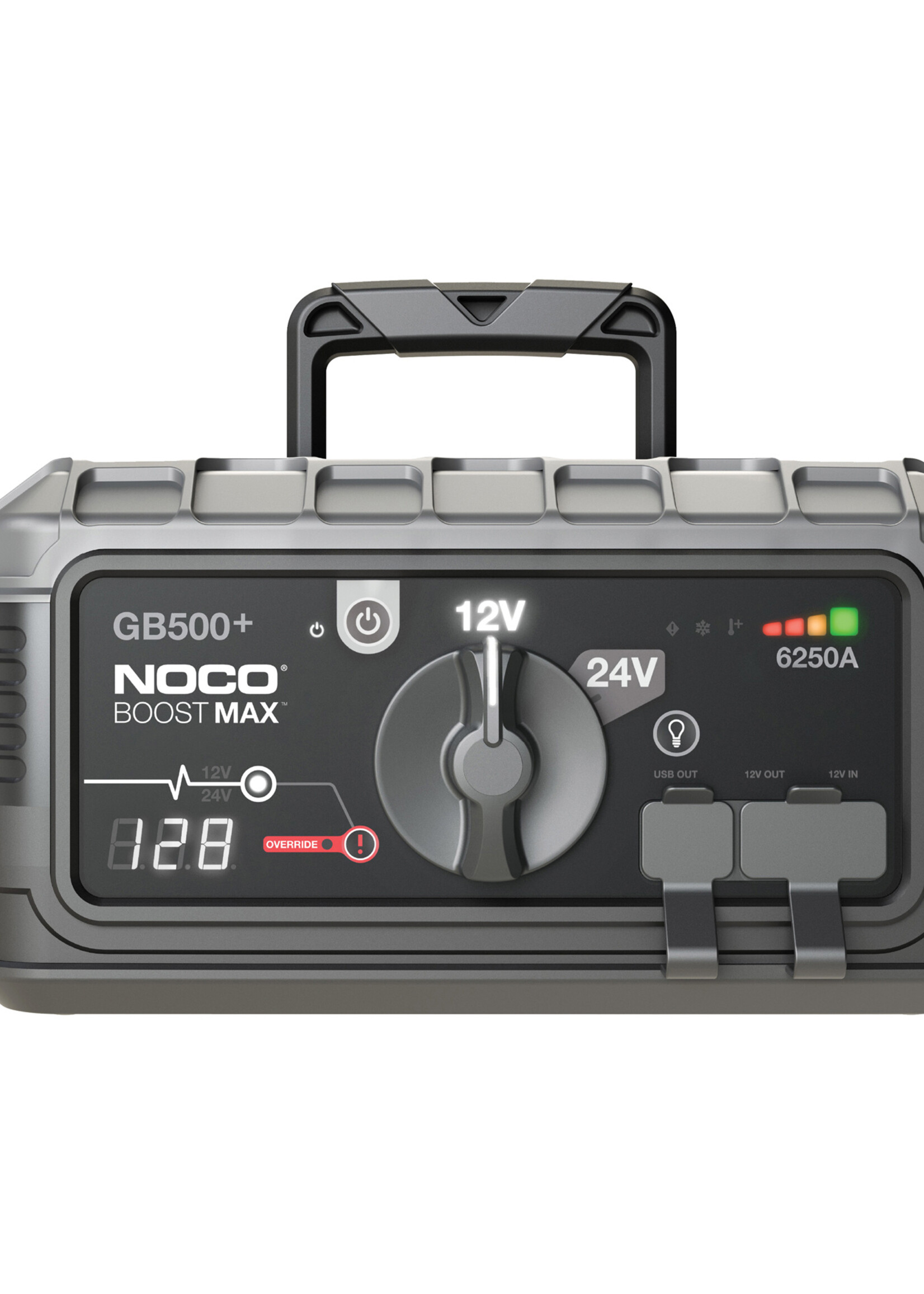 NOCO 6.250-amps 12/24 Volt jump starter pack for lithium-ion battery. Spark-proof connections and reverse polarity protection. Power source for recharging USB and 12V devices. LED light with 7 modes.