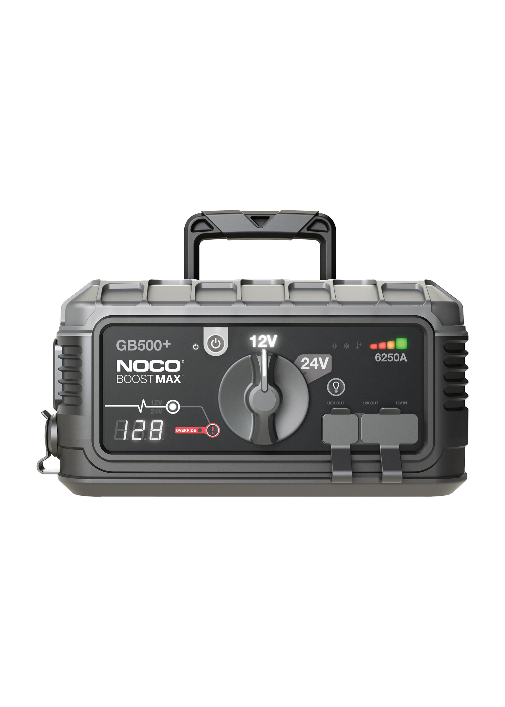 NOCO 6.250 ampère 12/24 Volt jumpstarter voor lithium-ion accu’s. Veilige vonkvrije verbinding en bescherming tegen omgekeerde polariteit. Ingebouwde Voltmeter, voedingen voor het opladen van 12V en USB apparaten en LED-lamp met 7 functies.