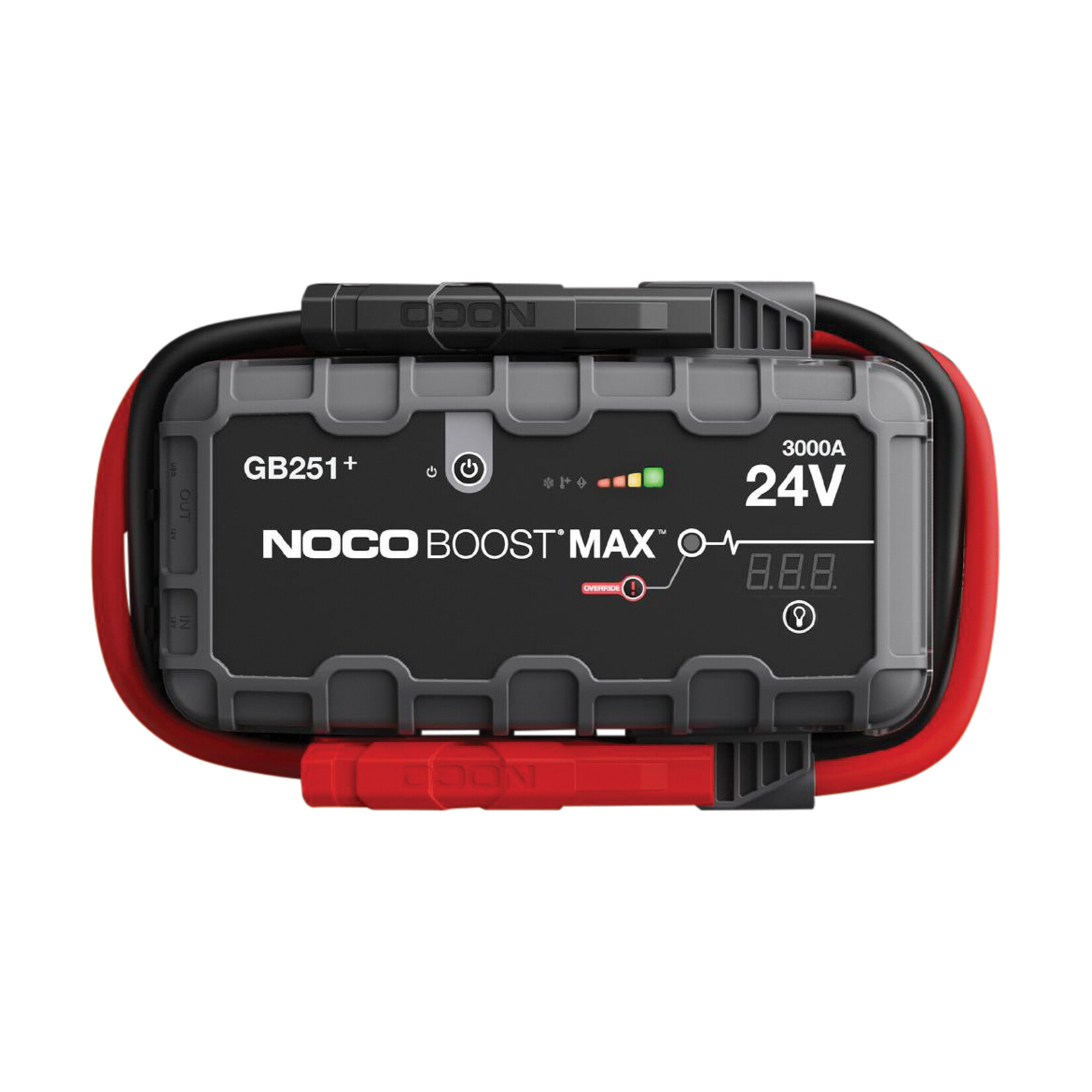 NOCO Noco GB251+ Boost Max Lithium 24 Volt Jump Starter starts almost any type of vehicle such as cars, motorhomes, vans, coaches, etc. Maximum peak power 3000 Amps. It is not only a lithium jump starter, but also a portable power bank for charging smartphones