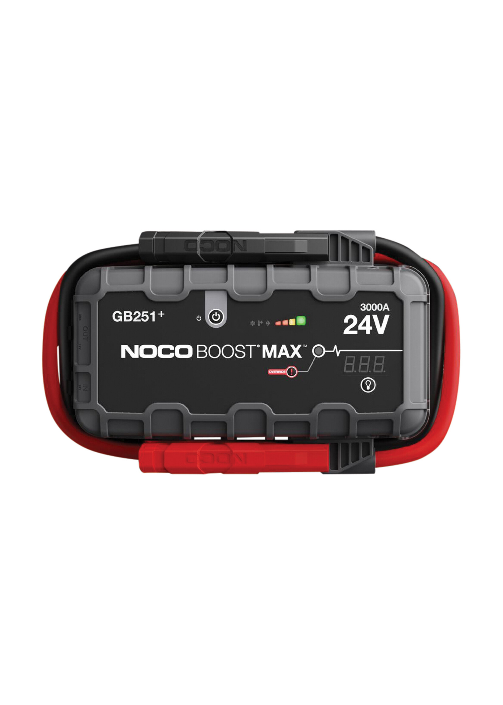 NOCO Noco GB251+ Boost Max Lithium 24 Volt Jump Starter starts almost any type of vehicle such as cars, motorhomes, vans, coaches, etc. Maximum peak power 3000 Amps. It is not only a lithium jump starter, but also a portable power bank for charging smartphones