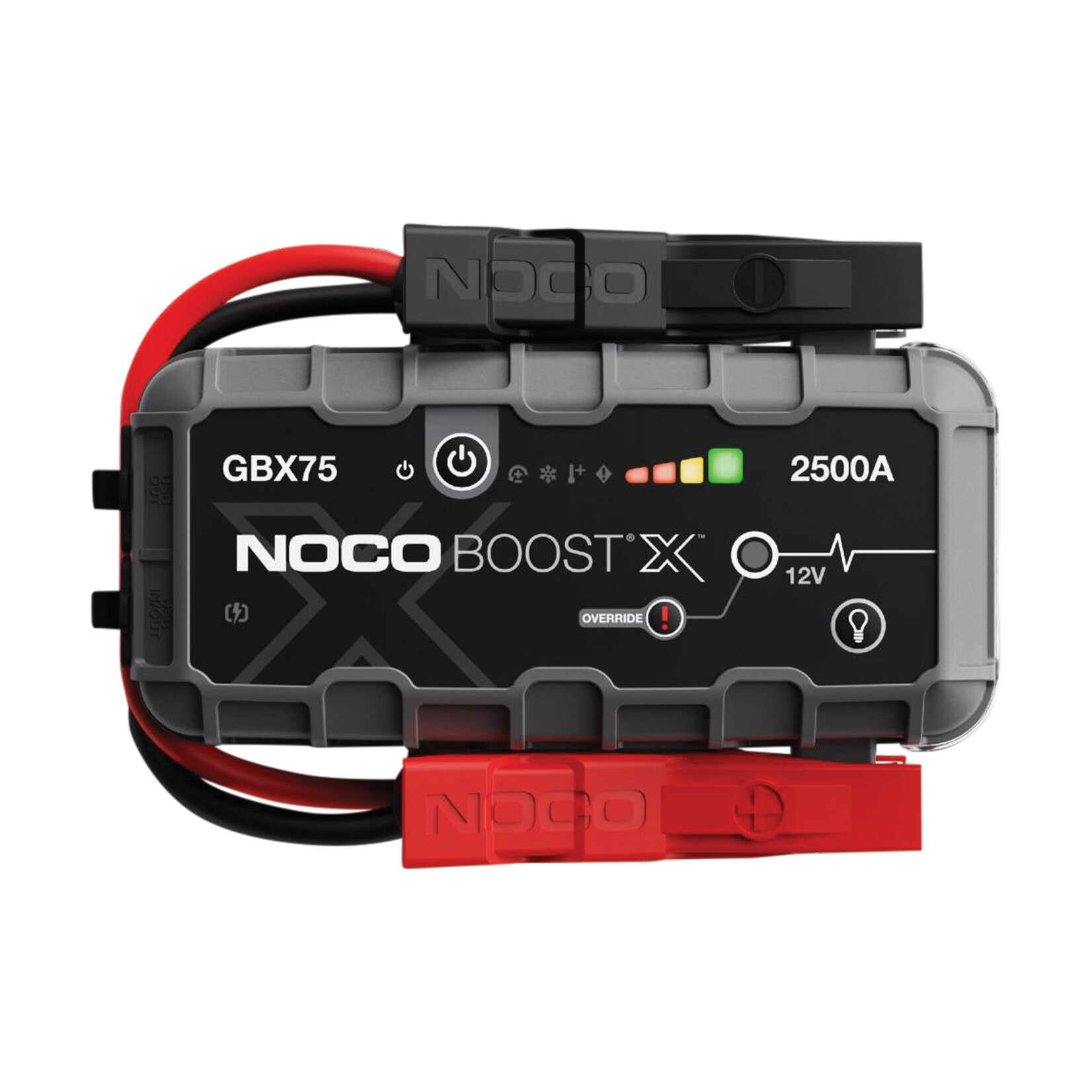 NOCO Noco GBX75 Boost X Lithium 12 Volt Jump Starter starts almost any type of vehicle such as cars, motorhomes, vans, coaches, etc. For engines up to 8.5 litres and diesel engines up to 6.5 litres. Maximum peak power 2500A  Amps. It is not only a lithium jump