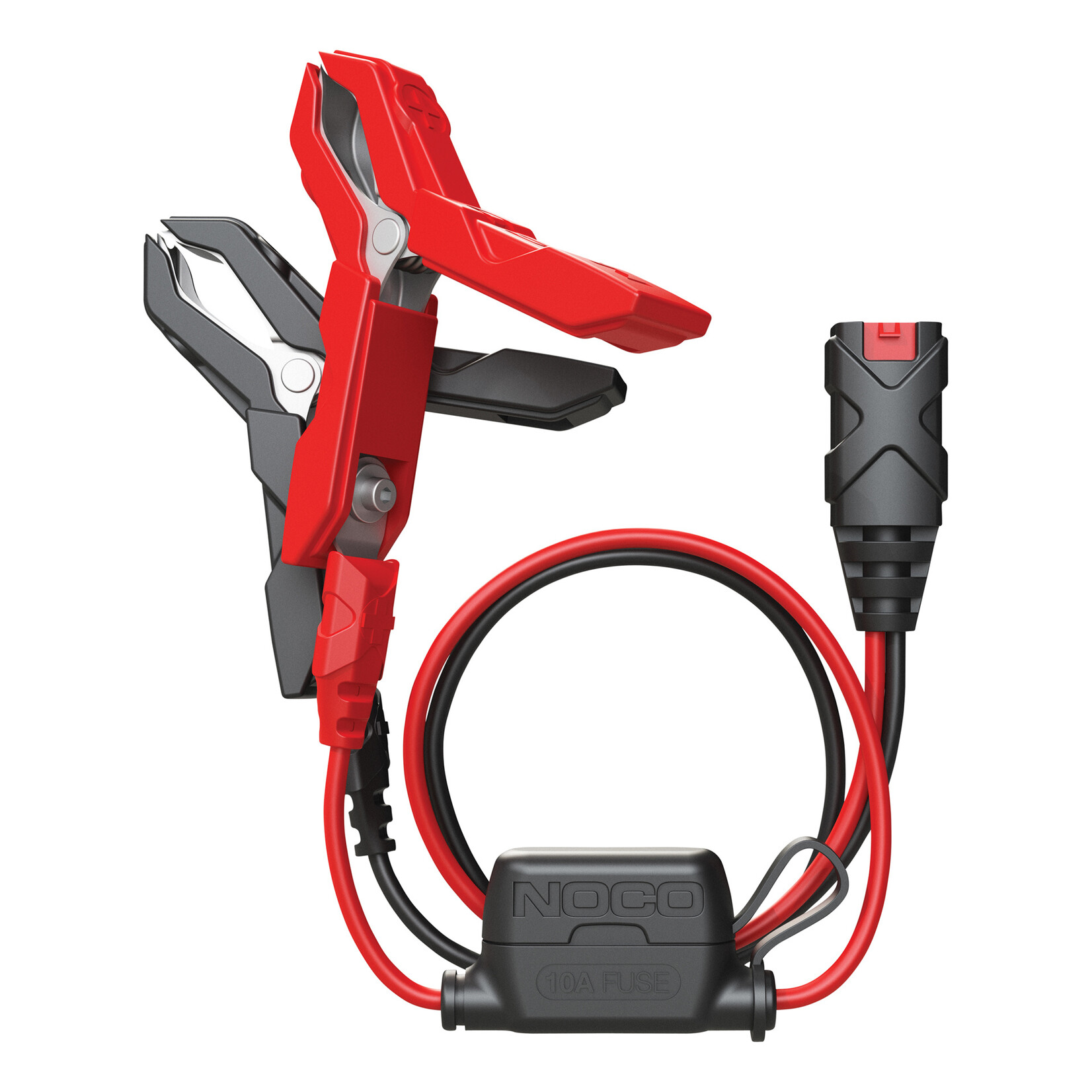 NOCO High-output battery clamps with molded strain relief. Easily connect and disconnect from any battery. Built-in fuse protection for increased safety. Built-in eyelet connectors for mounting purposes. Quick plug-in access point.