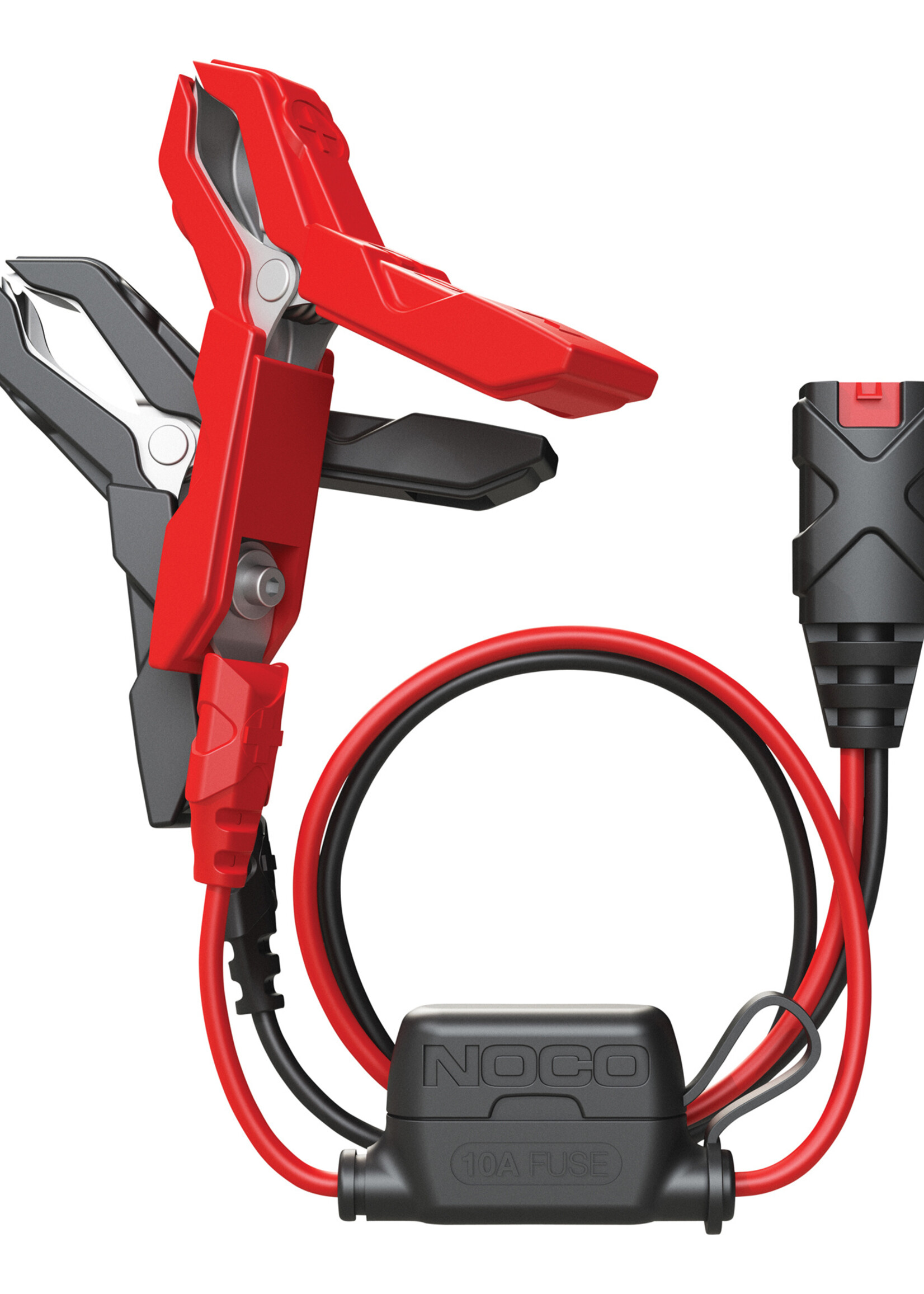 NOCO High-output battery clamps with molded strain relief. Easily connect and disconnect from any battery. Built-in fuse protection for increased safety. Built-in eyelet connectors for mounting purposes. Quick plug-in access point.