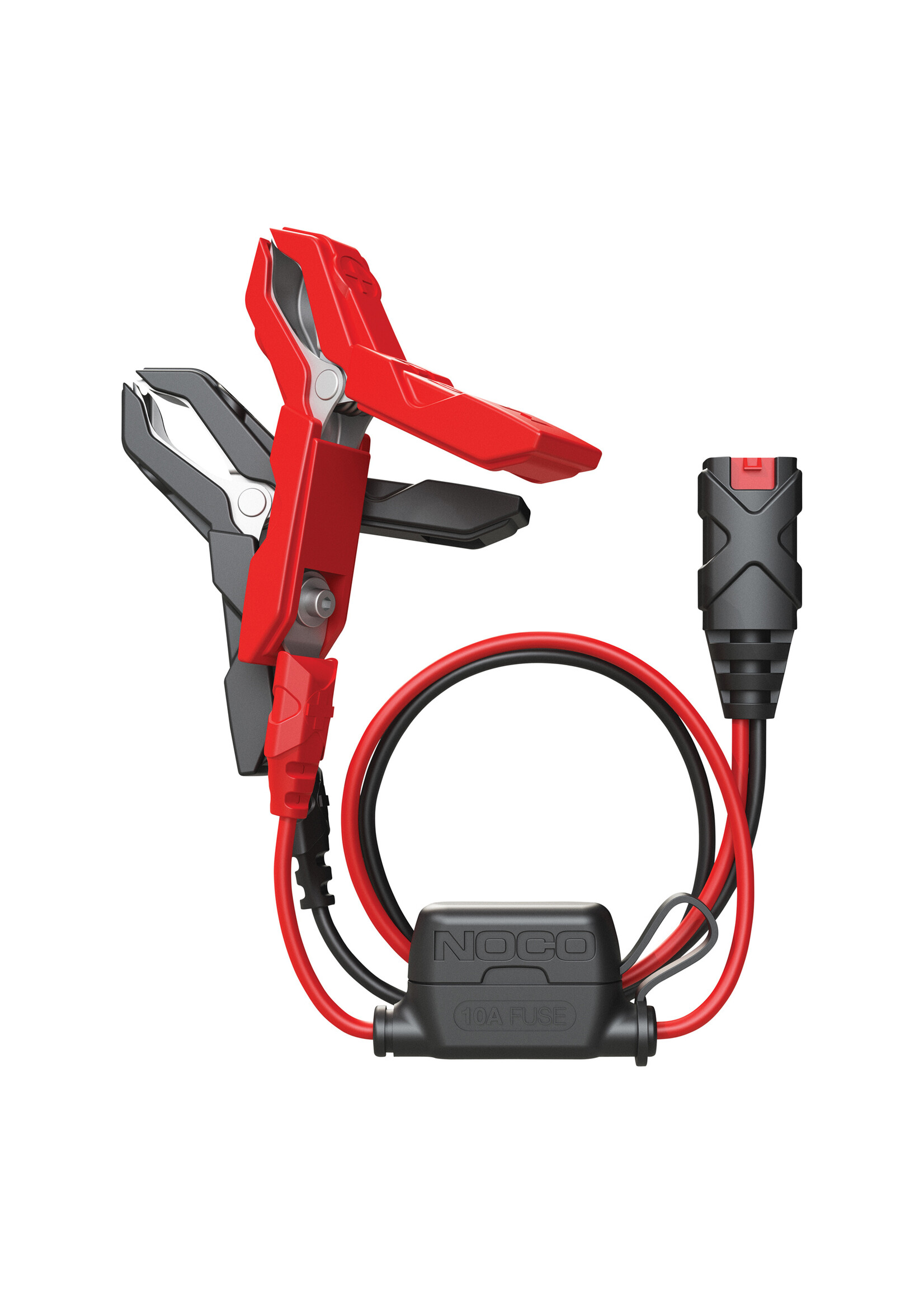NOCO High-output battery clamps with molded strain relief. Easily connect and disconnect from any battery. Built-in fuse protection for increased safety. Built-in eyelet connectors for mounting purposes. Quick plug-in access point.