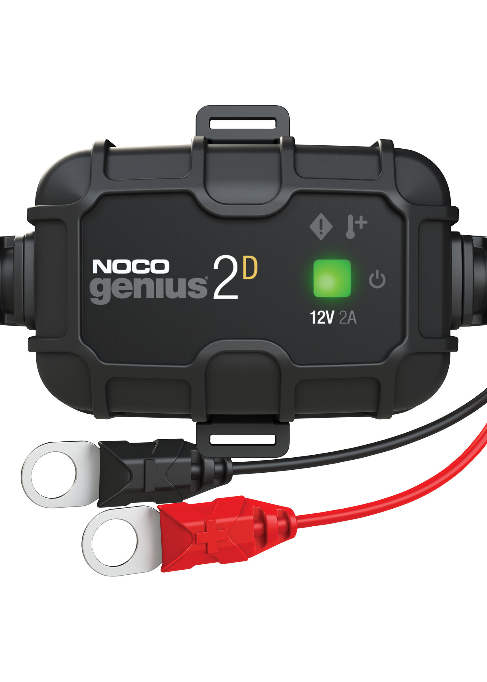 NOCO De Genius2D is een 2 Ampère direct gemonteerde acculader en een accu-onderhoudslader die is ontworpen om veilig te worden gemonteerd in de buurt van de accu. Hij is ontworpen voor alle soorten 12-volt loodzuuraccu's, inclusief natte, gel- en AGM-accu's, m