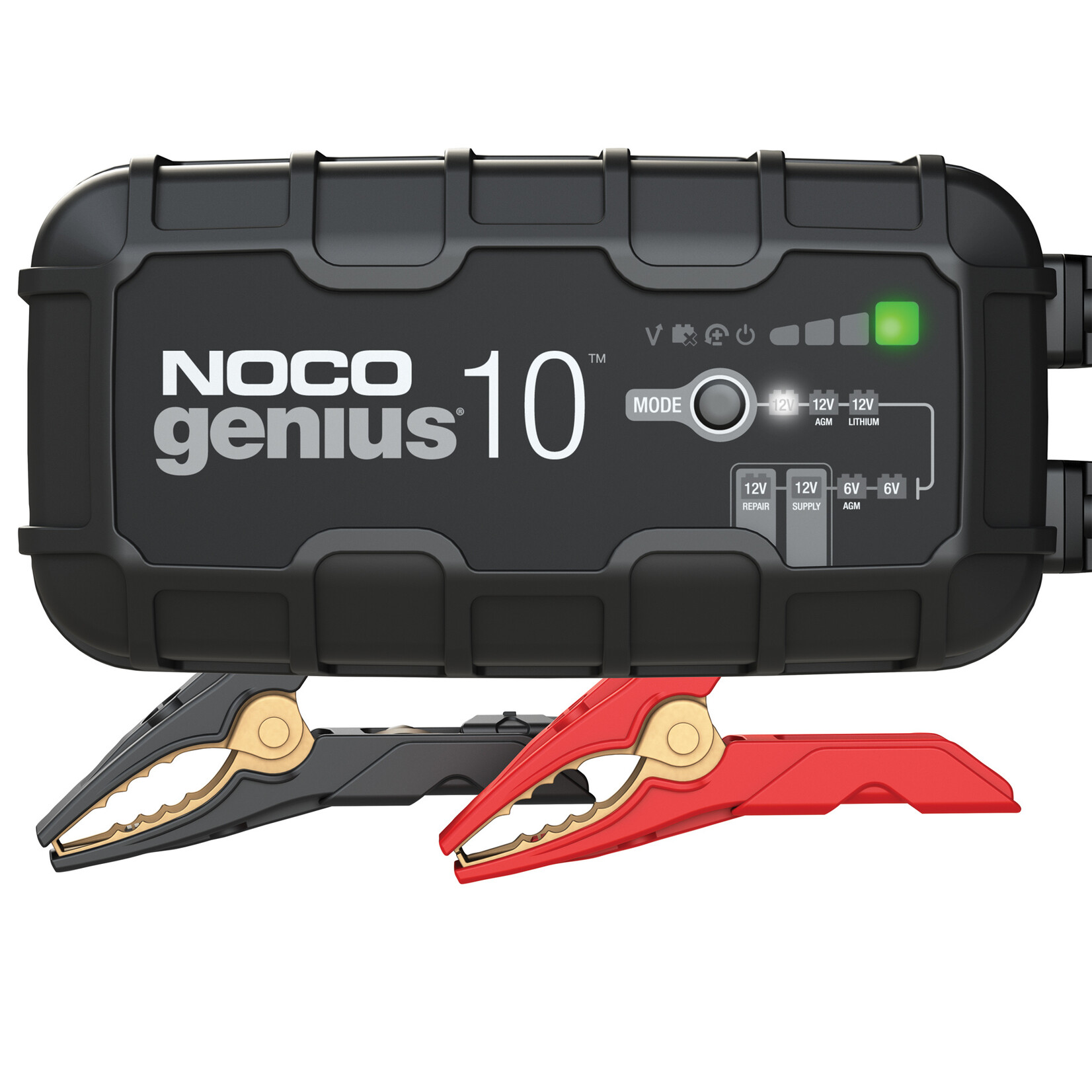 NOCO Automatic 6 & 12 Volt battery charger for lead-acid and lithium-ion batteries. Charges batteries up to 230 amp-hours. Advanced diagnostics indication for damaged batteries. Repair mode for heavily sulfated batteries.