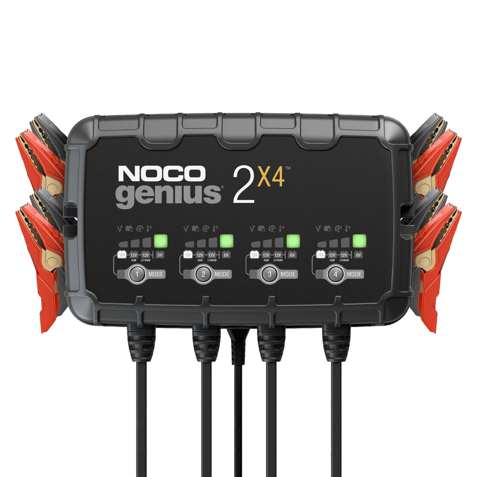NOCO Introducing the all-new Noco Genius 2X4, making it one of the most powerful, highest-performing, energy-efficient, and compact charger yet. The Noco Genius 2X4 is a 6-volt and 12-volt four-bank battery charger, battery maintainer, trickle charger, and bat