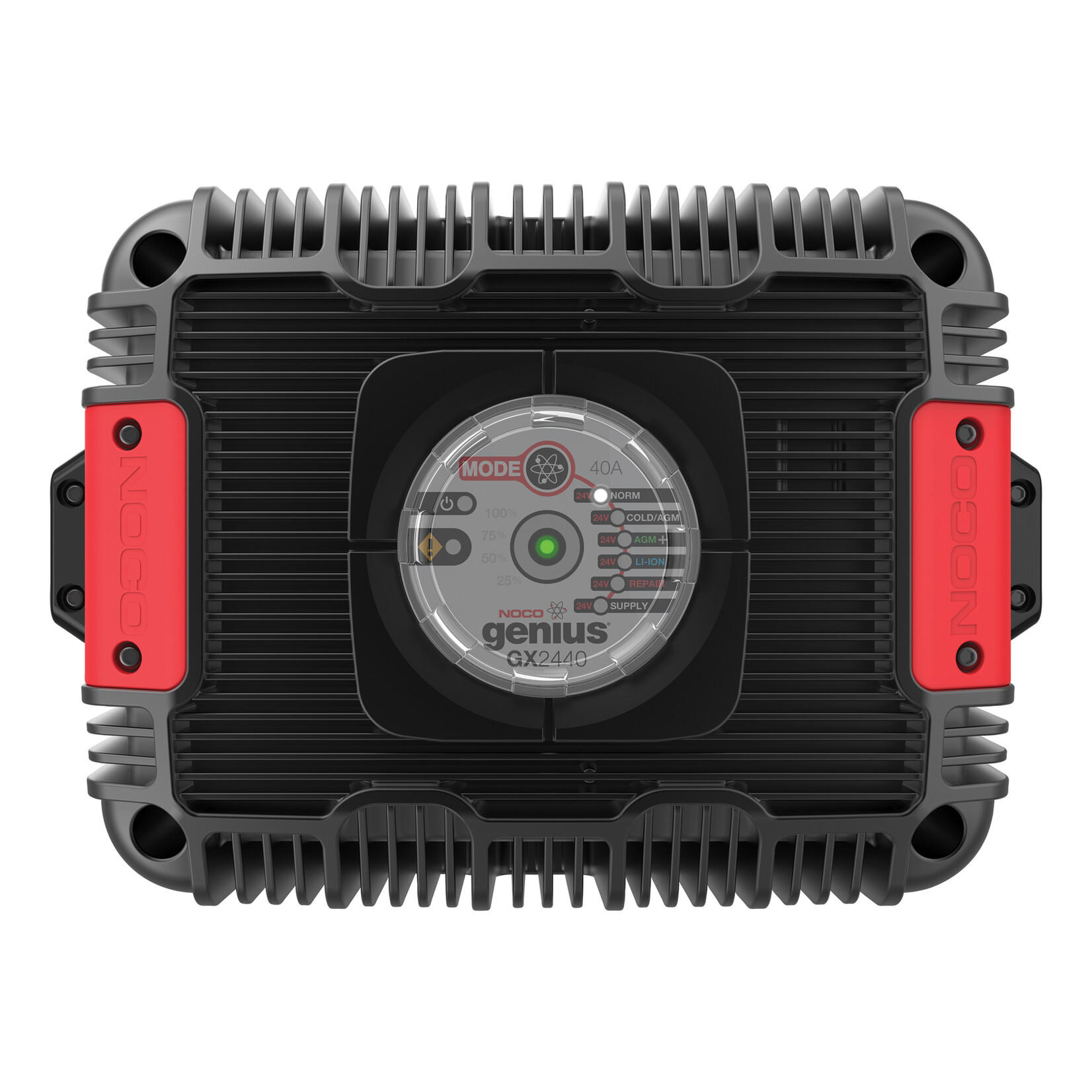 NOCO The Noco Genius GX2440 ultra safe industrial charger, charge fully drained batteries up to 425aH. Ultra-compact, rugged, tamperproof, and waterproof, the industrial charger can be mounted directly onto a variety of surfaces or equipment. Features spark pr