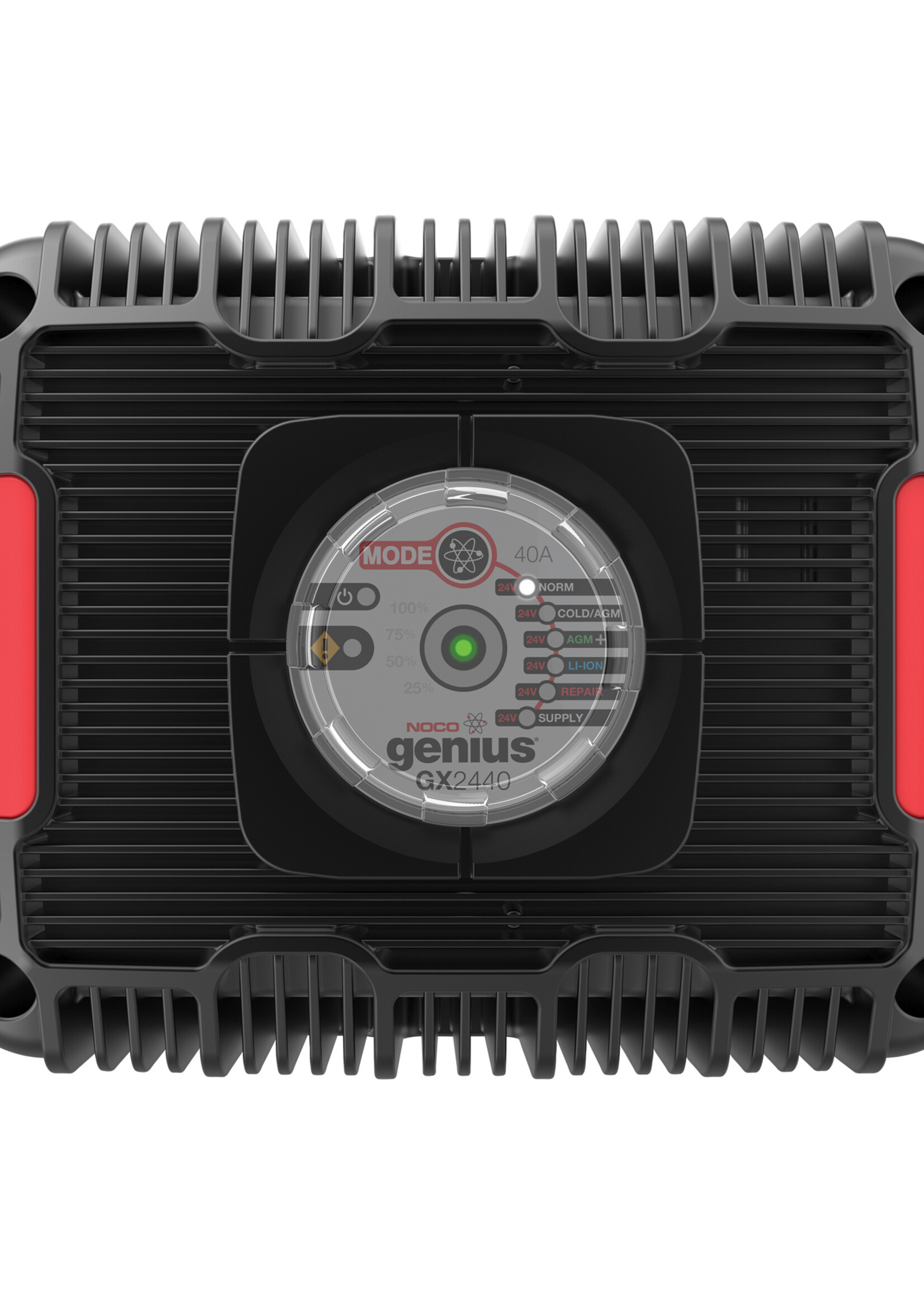NOCO The Noco Genius GX2440 ultra safe industrial charger, charge fully drained batteries up to 425aH. Ultra-compact, rugged, tamperproof, and waterproof, the industrial charger can be mounted directly onto a variety of surfaces or equipment. Features spark pr