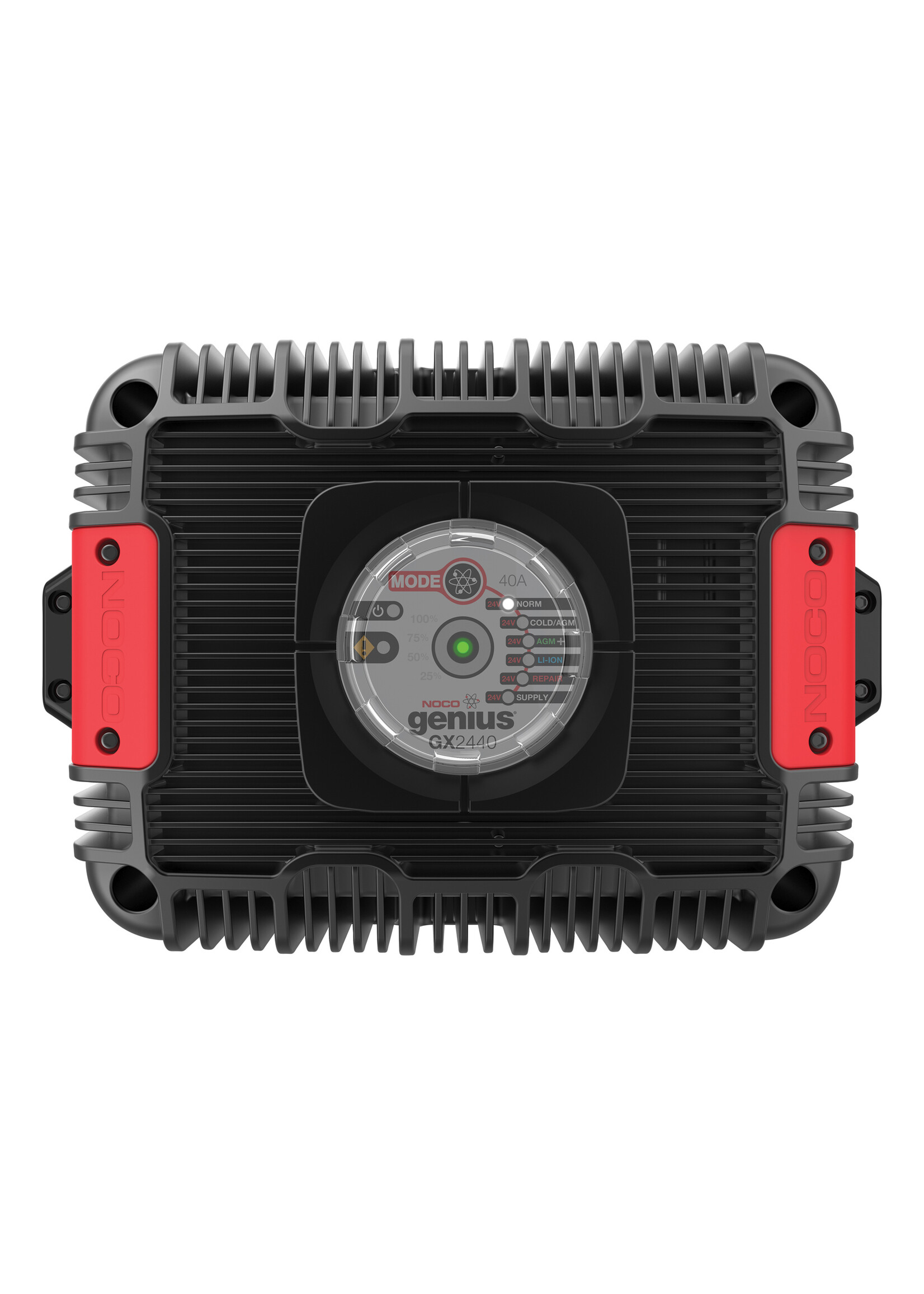 NOCO The Noco Genius GX2440 ultra safe industrial charger, charge fully drained batteries up to 425aH. Ultra-compact, rugged, tamperproof, and waterproof, the industrial charger can be mounted directly onto a variety of surfaces or equipment. Features spark pr