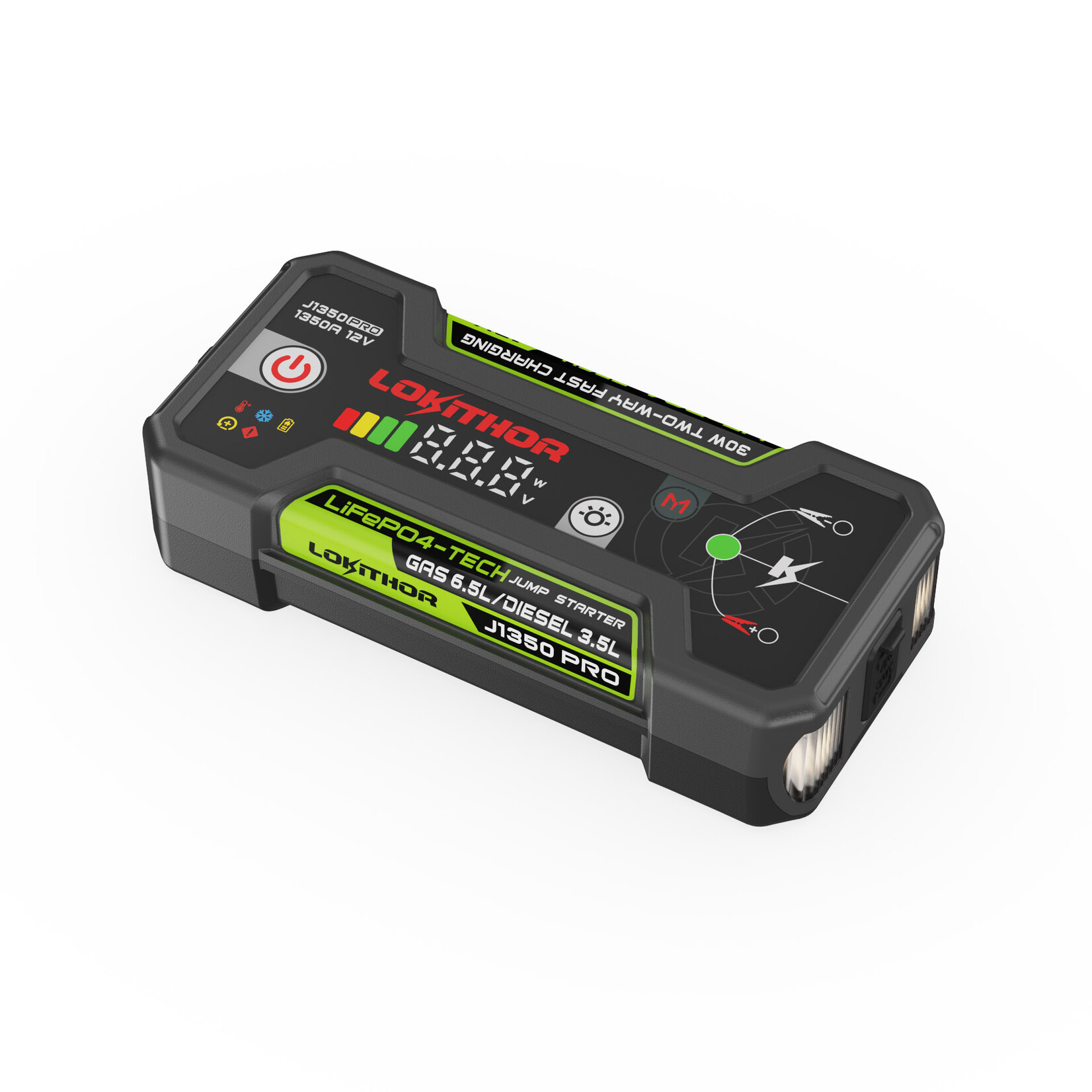 Lokithor De Lokithor J1350 PRO LiFePO4 jumpstarter voor de auto is vervaardigd met 100% veilige energie. De 12-volt jumpstarter levert een hoge startstroom van 1350 ampère en is daarom geschikt voor benzinemotoren tot 6,5 liter en dieselmotoren tot 3,5 liter. Met