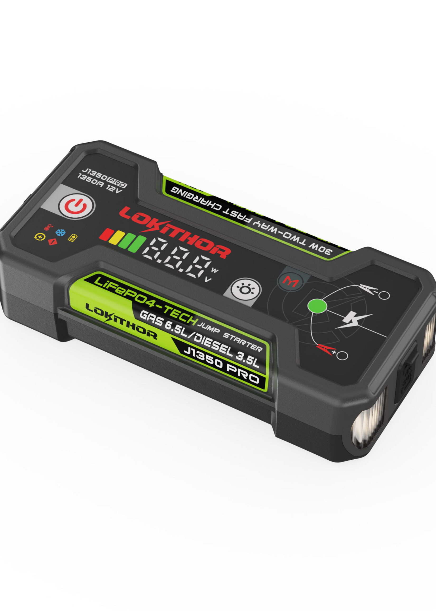 Lokithor The Lokithor J1350 PRO LiFePO4 jump starter for car is manufactured with 100% safe energy. The 12-volt jump starter delivers a high starting current of 1350 amps and is therefore suitable for petrol engines up to 6.5 litres and diesel engines up to 3.5 li