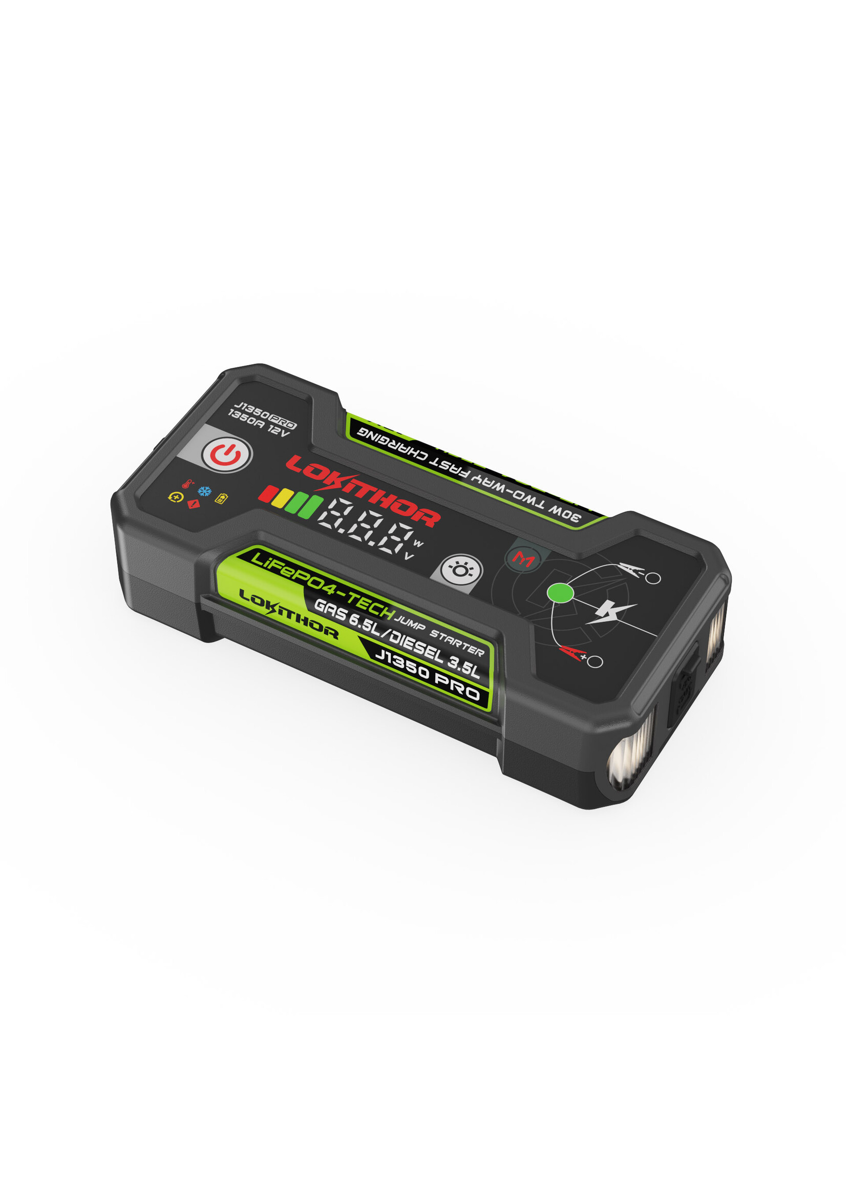 Lokithor The Lokithor J1350 PRO LiFePO4 jump starter for car is manufactured with 100% safe energy. The 12-volt jump starter delivers a high starting current of 1350 amps and is therefore suitable for petrol engines up to 6.5 litres and diesel engines up to 3.5 li