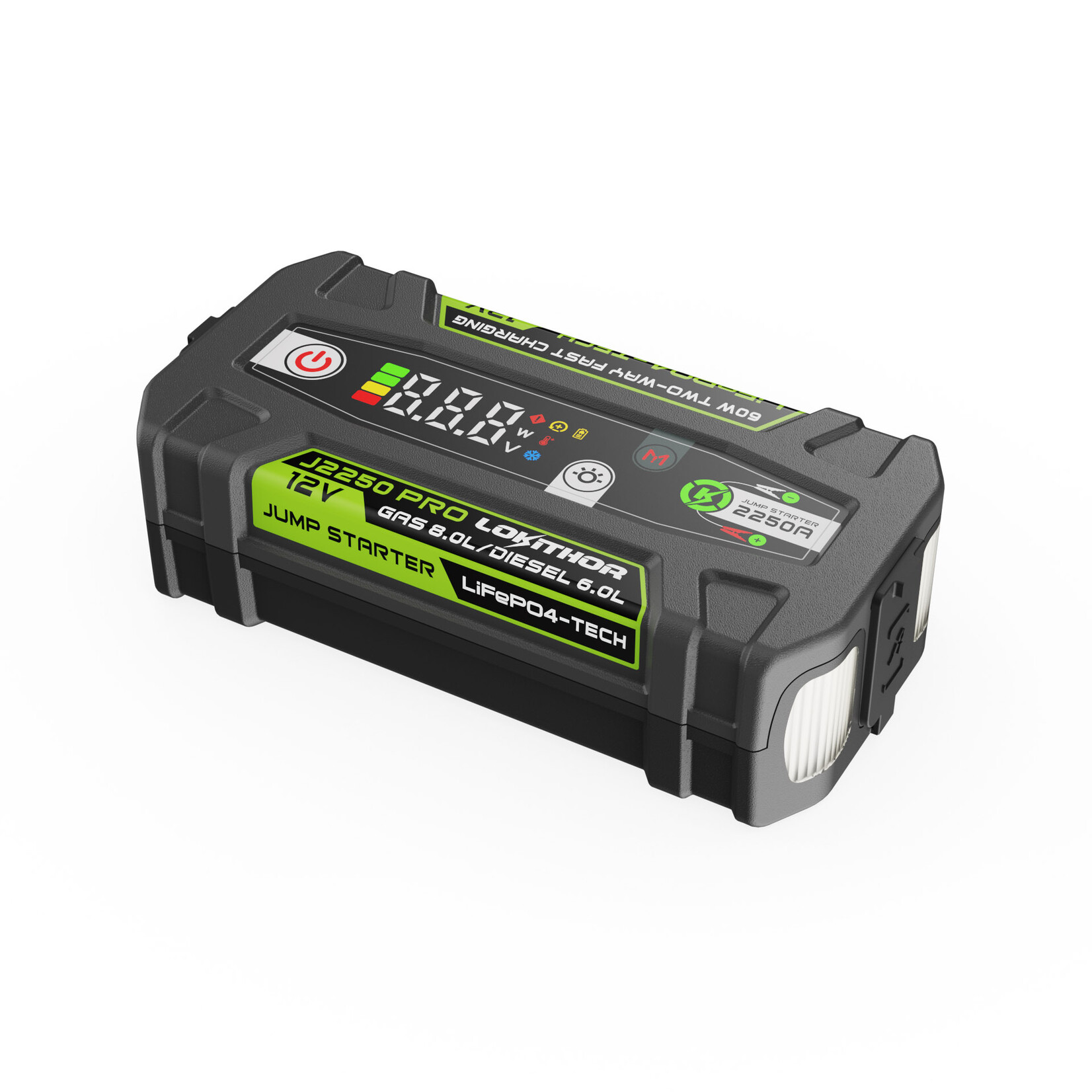 Lokithor The Lokithor J2250 PRO LiFePO4 jump starter for the car is manufactured with 100% safe energy. The 12-volt jump starter delivers a high starting current of 2250 amps, making it suitable for petrol engines up to 8.0 litres and diesel engines up to 6.0 litr