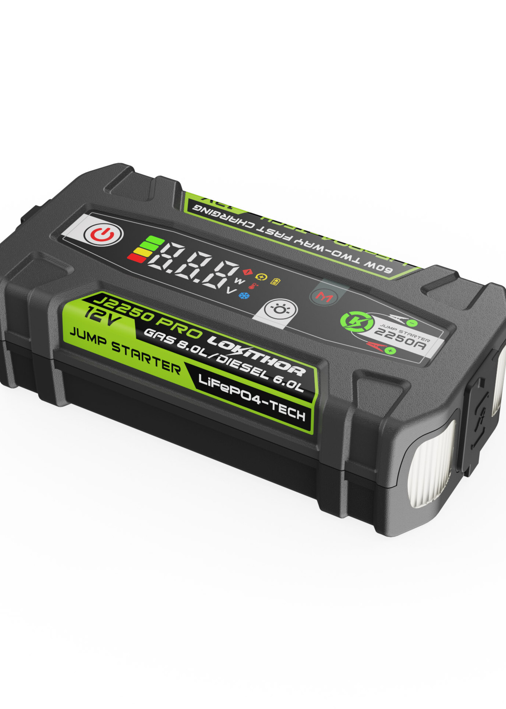 Lokithor De Lokithor J2250 PRO LiFePO4 jumpstarter voor de auto is vervaardigd met 100% veilige energie. De 12-volt jumpstarter levert een hoge startstroom van 2250 ampère en is daarom geschikt voor benzinemotoren tot 8,0 liter en dieselmotoren tot 6,0 liter. Met