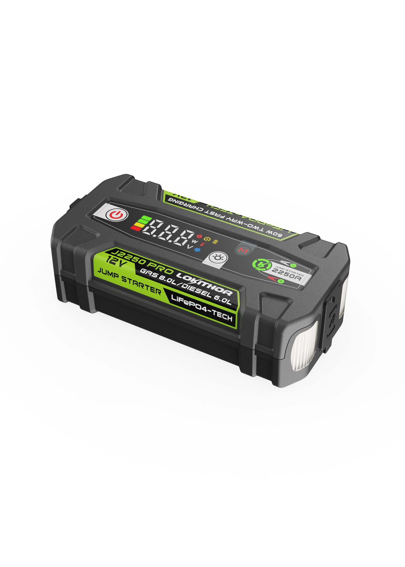 Lokithor The Lokithor J2250 PRO LiFePO4 jump starter for the car is manufactured with 100% safe energy. The 12-volt jump starter delivers a high starting current of 2250 amps, making it suitable for petrol engines up to 8.0 litres and diesel engines up to 6.0 litr