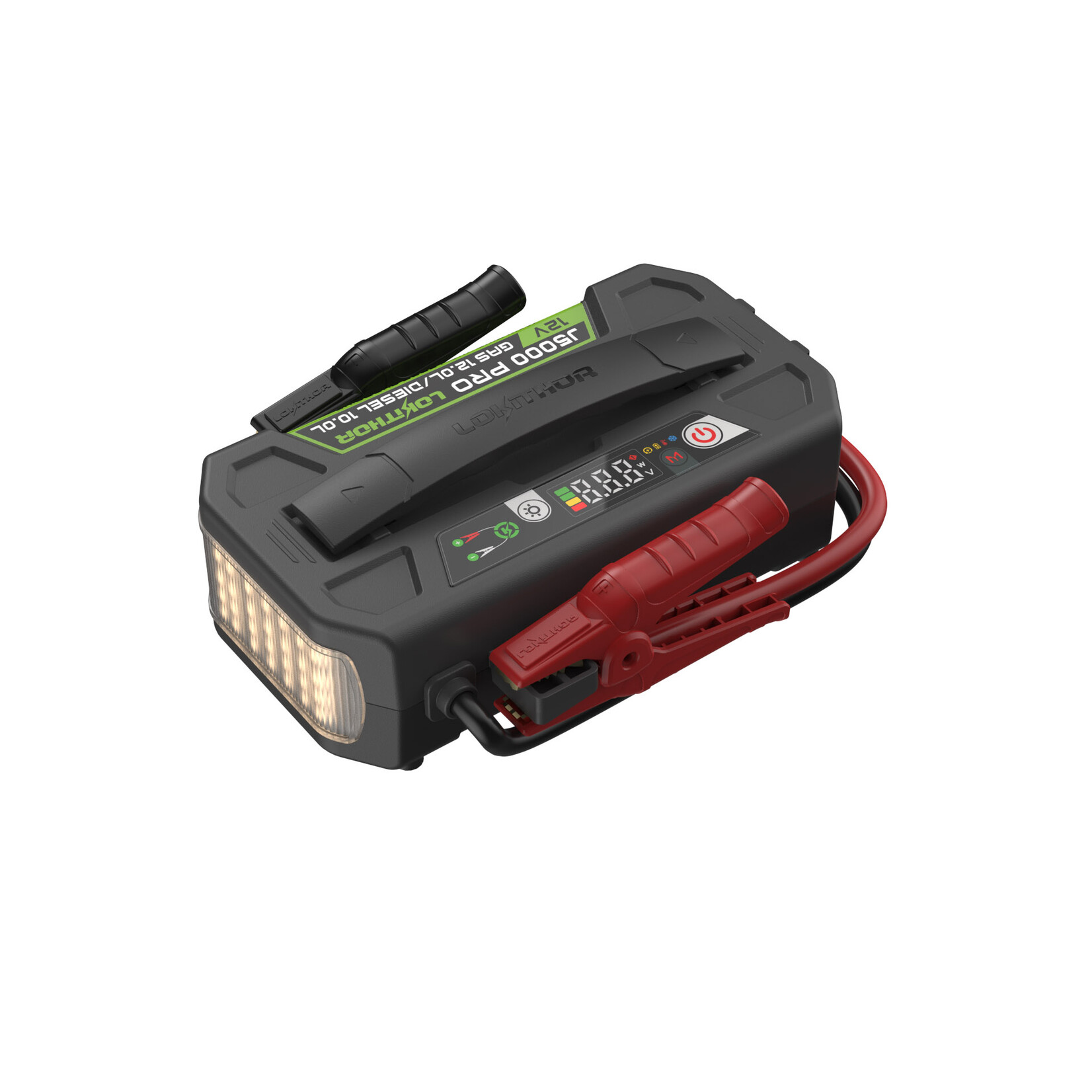 Lokithor The Lokithor J5000 PRO LiFePO4 jump starter for car is manufactured with 100% safe energy. The 12-volt jump starter delivers a high starting current of 5000 amps, making it suitable for petrol engines up to 12 litres and diesel engines up to 10 litres.  W