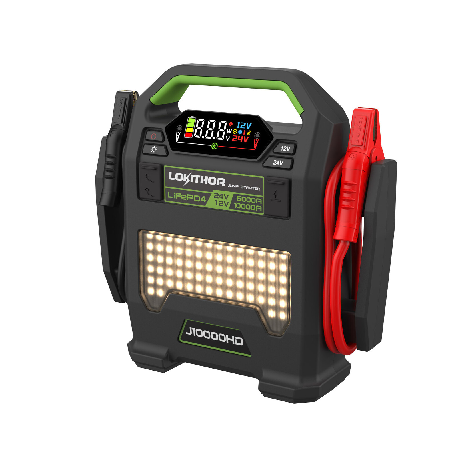 Lokithor Made for powerful performance, the Lokithor J10000HD is designed for heavy-duty use and delivers a powerful starting boost of 10,000A (12 volts) and 5,000A (24 volts). For diesel or petrol engines up to 16 litre capacity. Starts the largest trucks, agricu