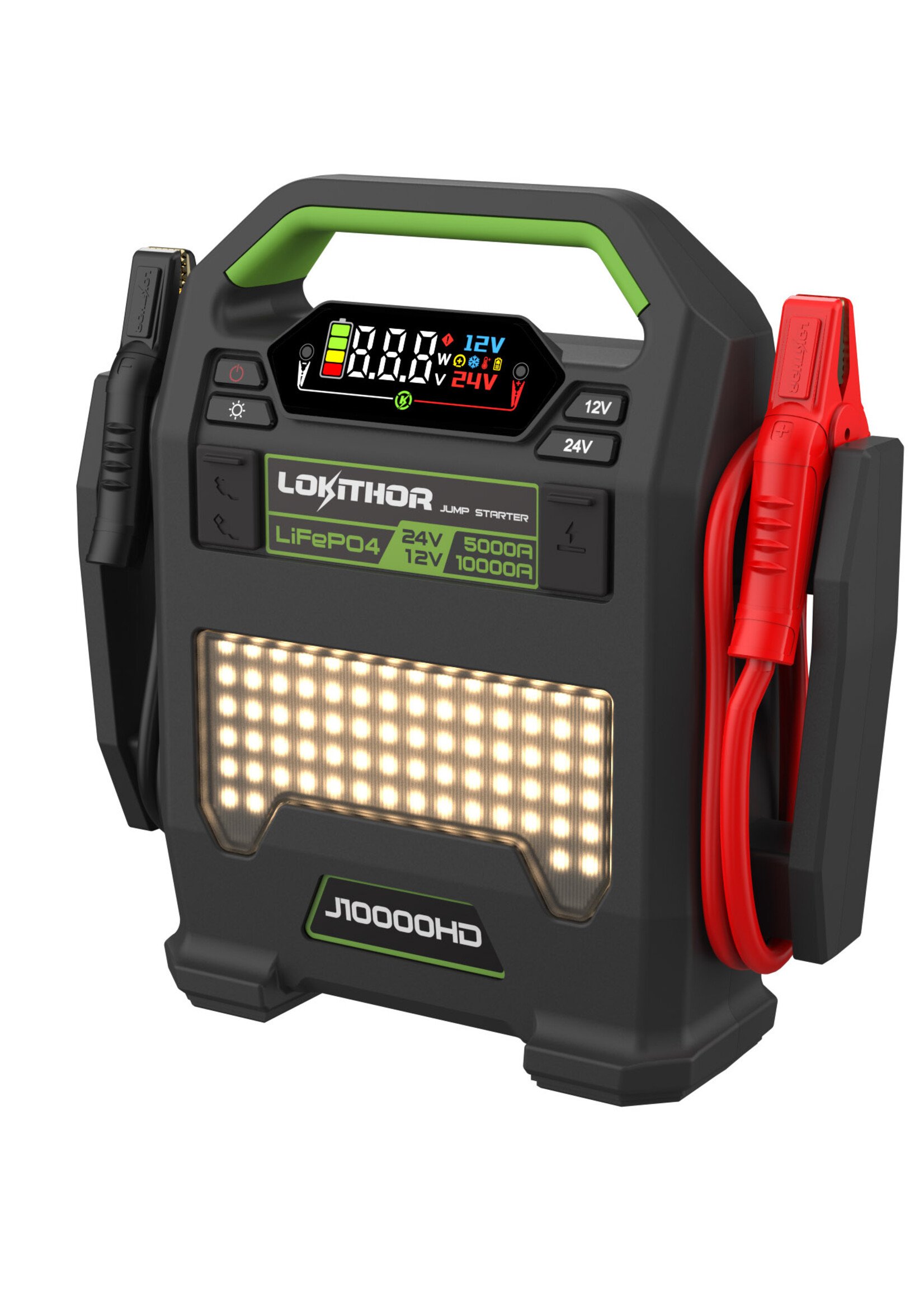 Lokithor Gemaakt voor krachtige prestaties, de Lokithor J10000HD is ontworpen voor zwaar gebruik en levert een krachtige start boost van 10.000A (12 Volt) en 5.000A (24 Volt). Voor diesel- of benzinemotoren tot 16 liter inhoud. Start met gemak de grootste vrachtwa