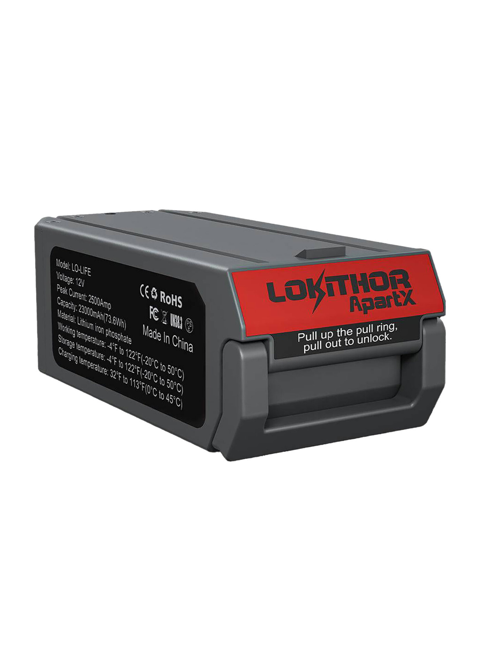 Lokithor This replaceable Lokithor Life PO4 battery is suitable for use with the Lokithor ApartX Jumpstarter and air compressor (item number 0185008). The battery easily clicks into the ApartX jumpstarter. With this battery, the ApartX has a starting power of 2500