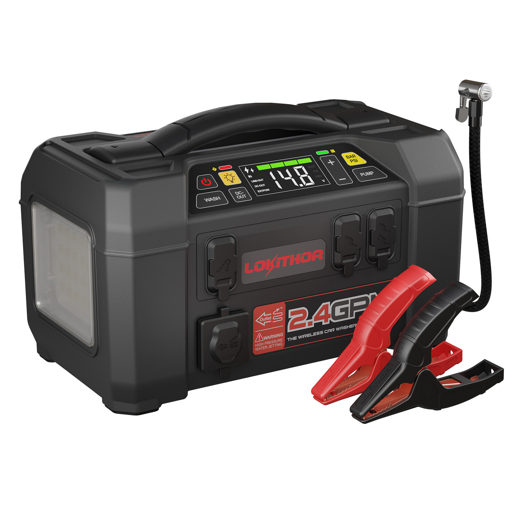 Lokithor De Lokithor AW401 is een jumpstarter met luchtcompressor en is een 5-in-1 multifunctioneel apparaat dat dienstdoet als jumpstarter, waterpomp, bandenpomp, powerbank en LED-zaklamp. De Lokithor AW401 is een krachtige jumpstarter die een indrukwekkende supe