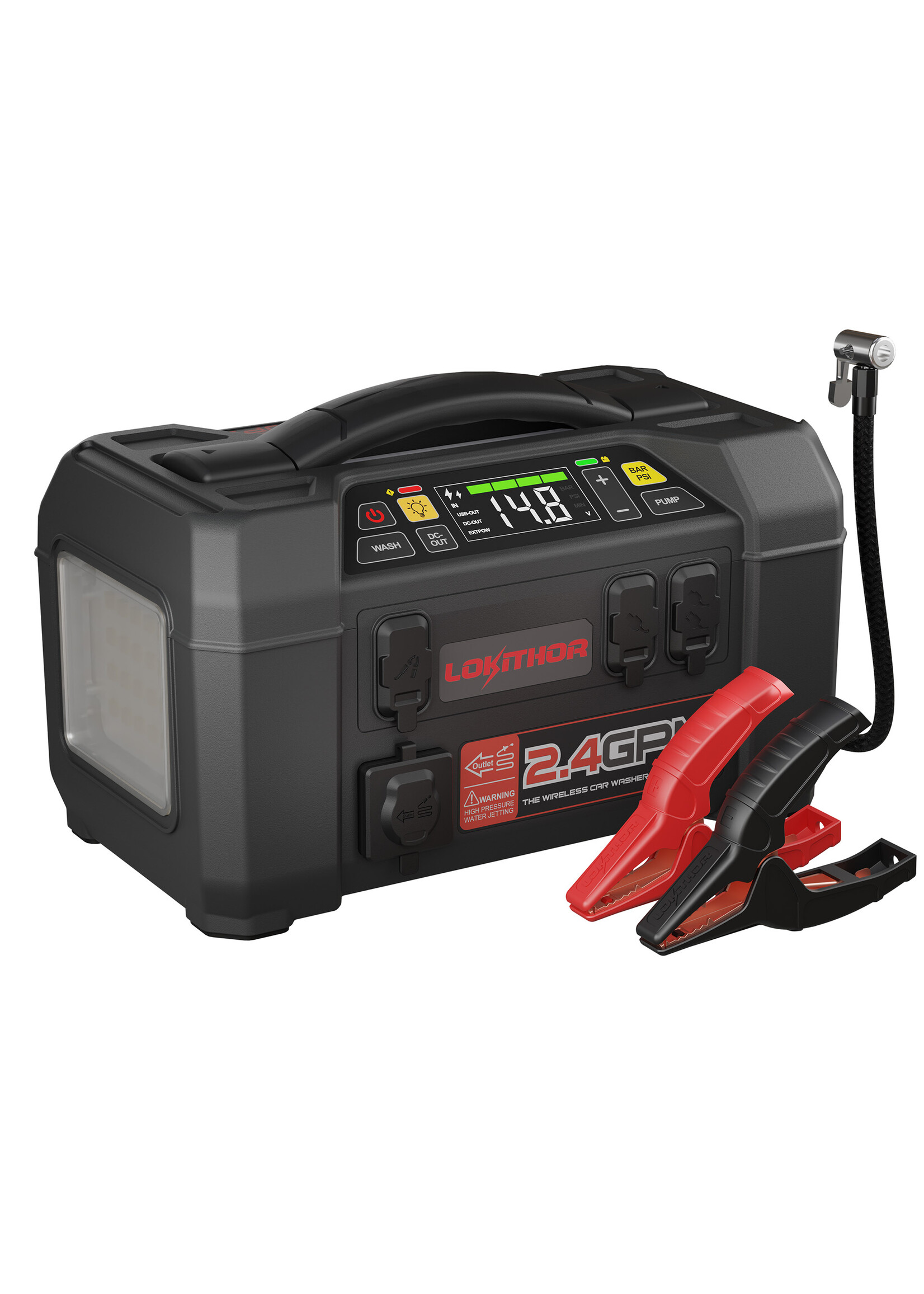 Lokithor The Lokithor AW401 is a jump starter with air compressor and is a 5-in-1 multifunctional device that serves as a jump starter, water pump, tyre pump, power bank and LED torch. The Lokithor AW401 is a powerful jump starter that delivers an impressive super