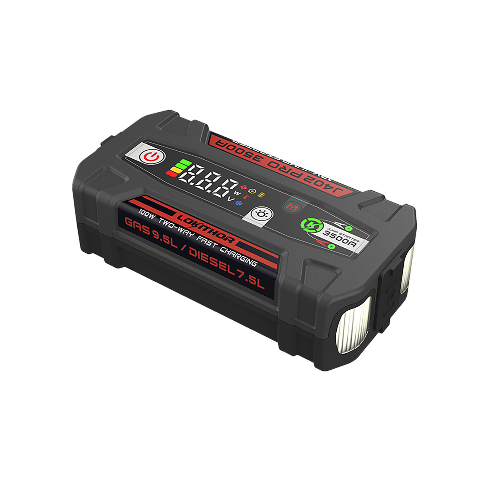 Lokithor De Lokithor J402 Pro is een krachtige jumpstarter die een indrukwekkende superstartstroom van 3500 ampère levert na een volledige lading, waardoor tot 40 jumpstarts mogelijk zijn. 100-watt snel laden: De J402 Pro draagbare jumpstarter kan een auto in slec
