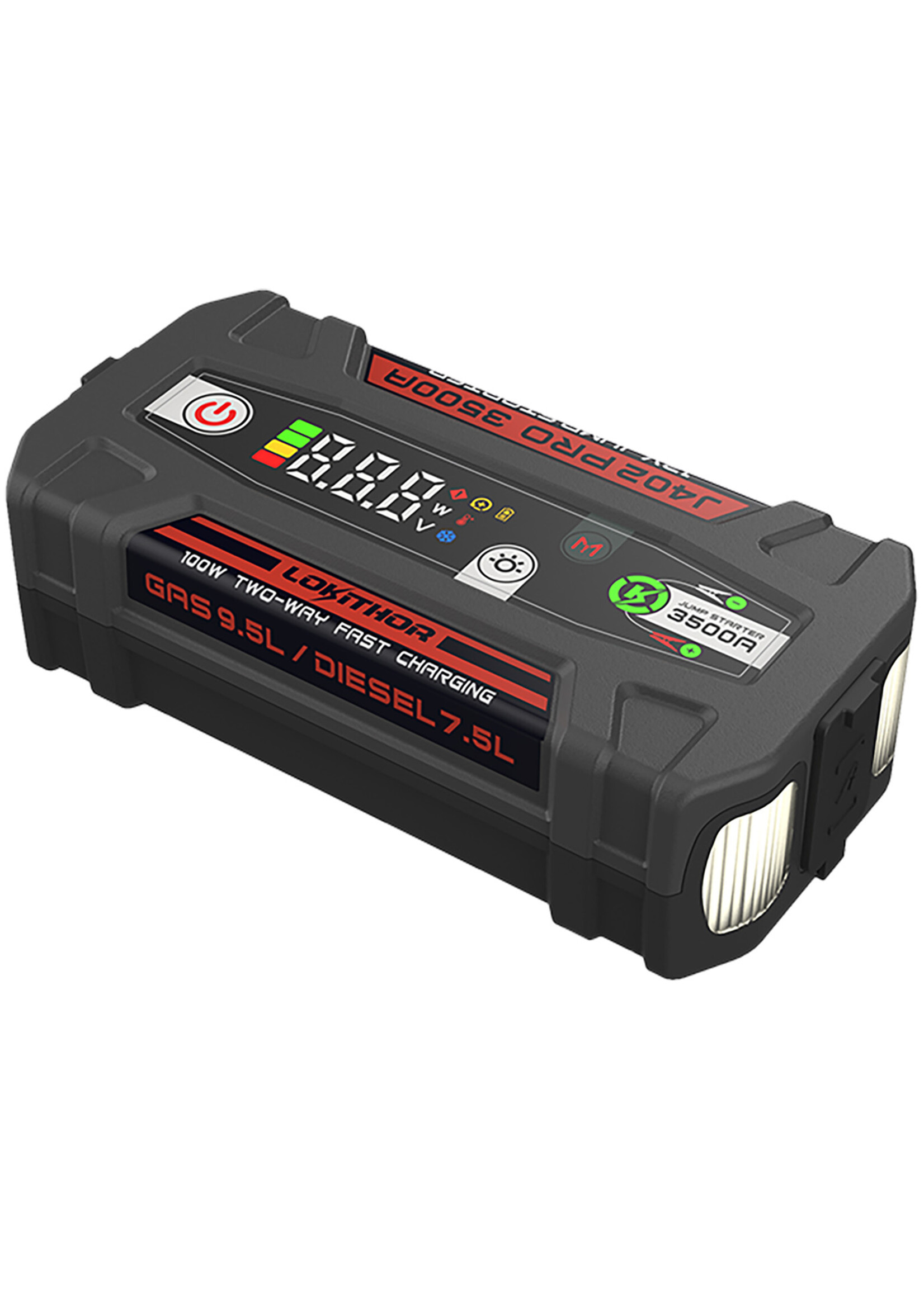 Lokithor The Lokithor J402 Pro is a powerful jump starter that delivers an impressive super start current of 3500 amps after a full charge, enabling up to 40 jump starts. 100-watt fast charging: The J402 Pro portable jump starter can charge and start a car in just