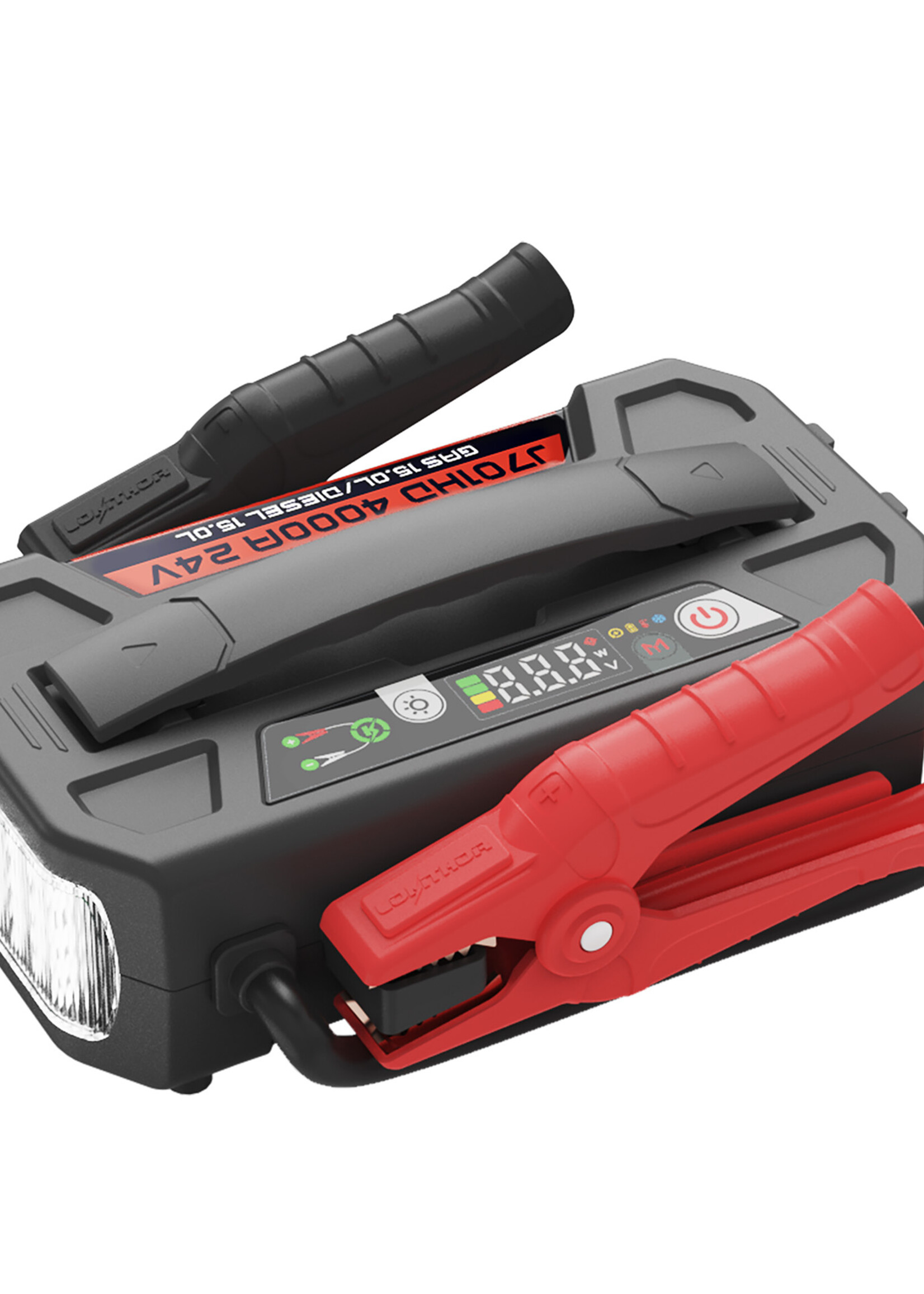 Lokithor De Lokithor J701 HD is een super krachtige jumpstarter die een indrukwekkende superstartstroom van 4.000 ampère levert na een volledige lading, waardoor tot 60 jumpstarts mogelijk zijn. Deze jumpstarter is uitermate geschikt voor het starten van 24 Volt v