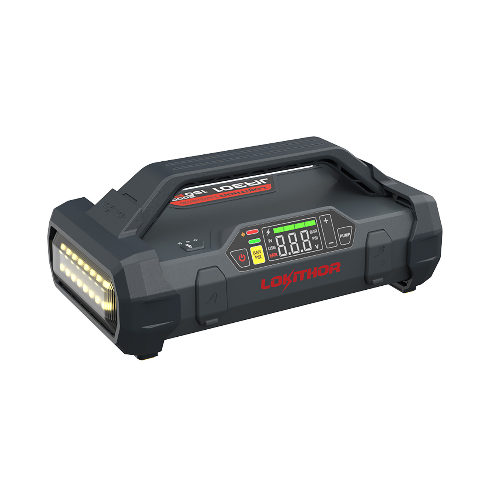 Lokithor The Lokithor JA301 is a jump starter with air compressor and is a 4-in-1 multifunctional device that serves as a jump starter, tyre pump, power bank and LED torch. The Lokithor JA301 is a powerful jump starter that delivers an impressive super start curre