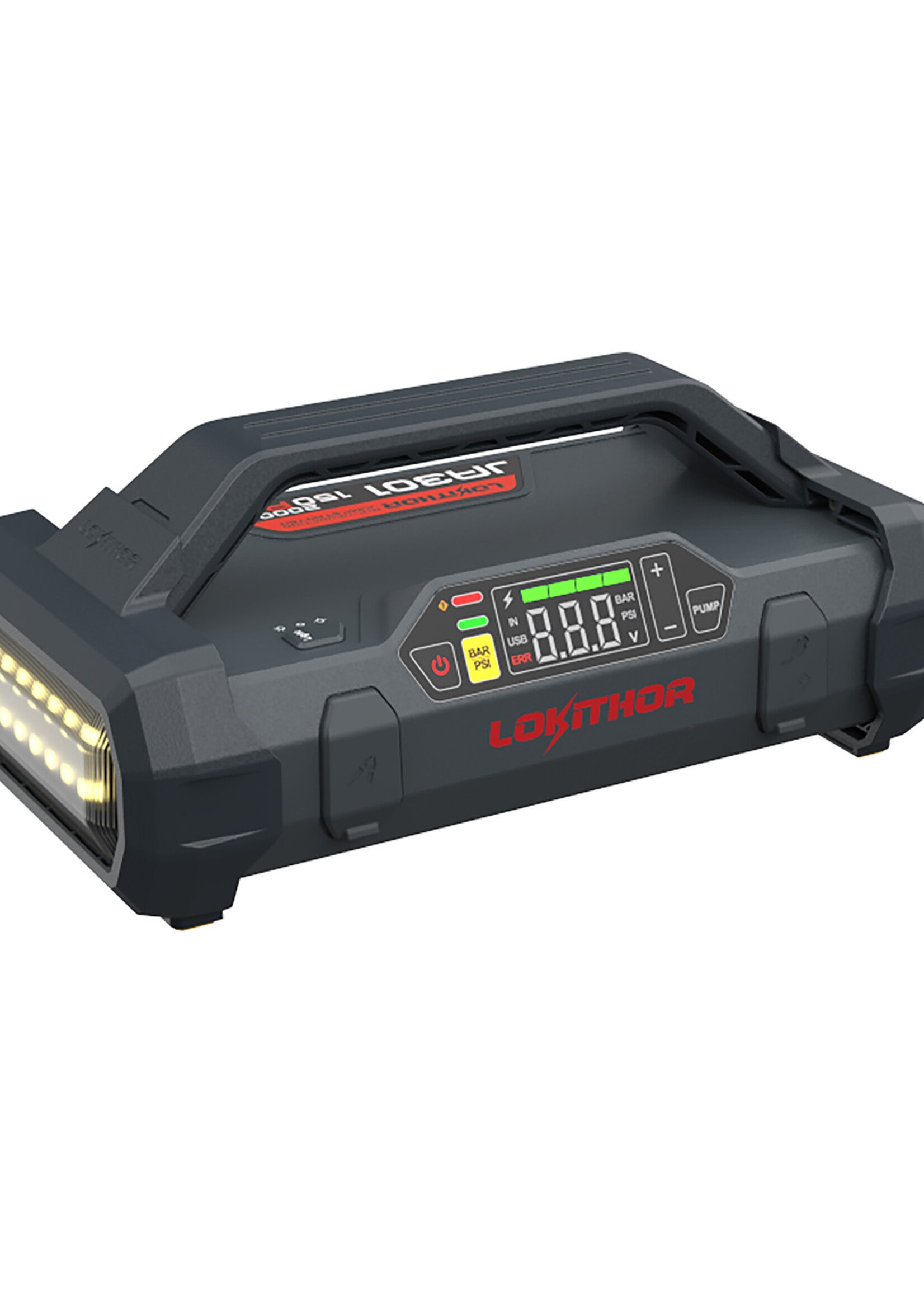 Lokithor De Lokithor JA301 is een jumpstarter met luchtcompressor en is een 4-in-1 multifunctioneel apparaat dat dienstdoet als jumpstarter, bandenpomp, powerbank en LED-zaklamp. De Lokithor JA301 is een krachtige jumpstarter die een indrukwekkende superstartstroo