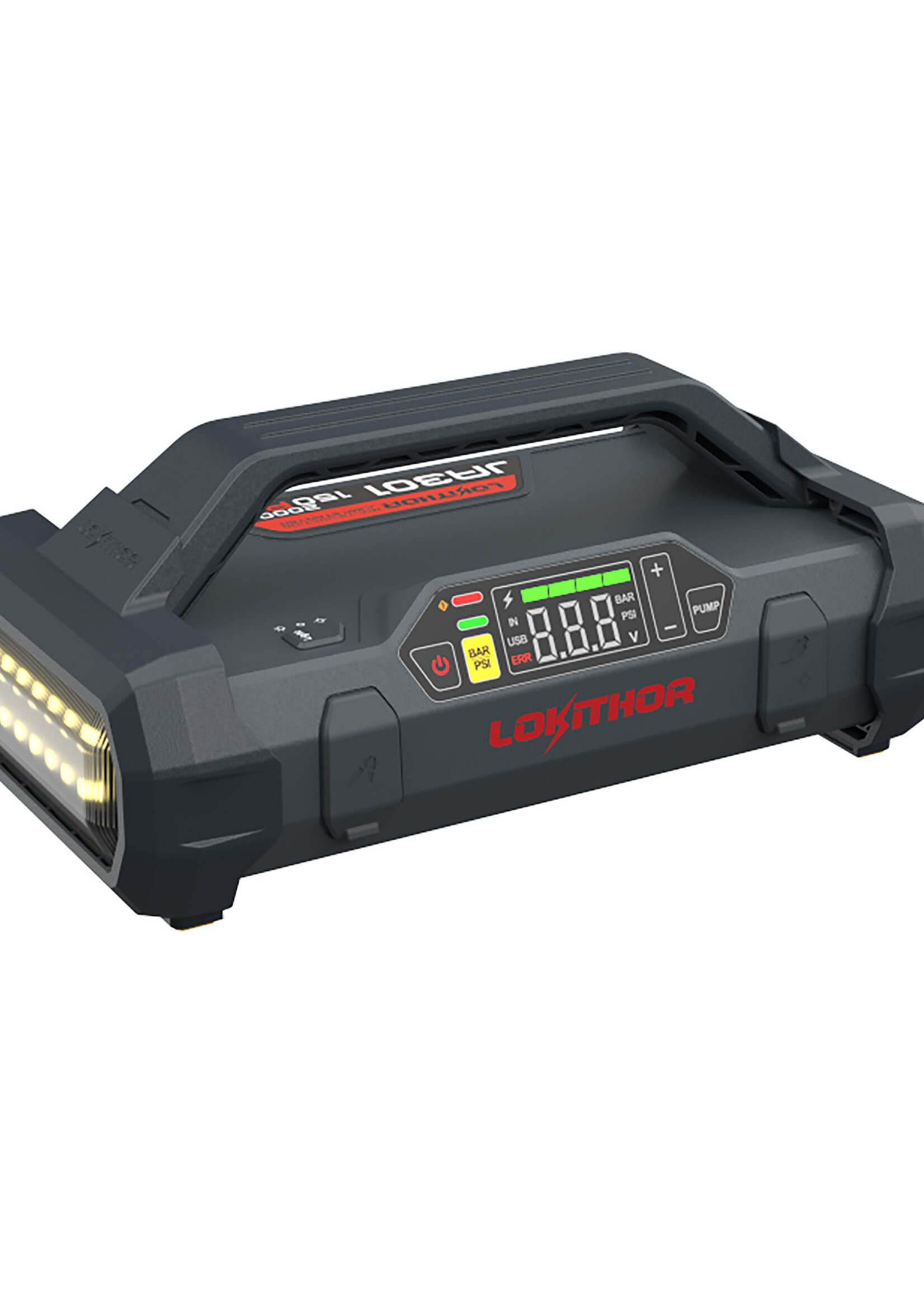 Lokithor The Lokithor JA301 is a jump starter with air compressor and is a 4-in-1 multifunctional device that serves as a jump starter, tyre pump, power bank and LED torch. The Lokithor JA301 is a powerful jump starter that delivers an impressive super start curre
