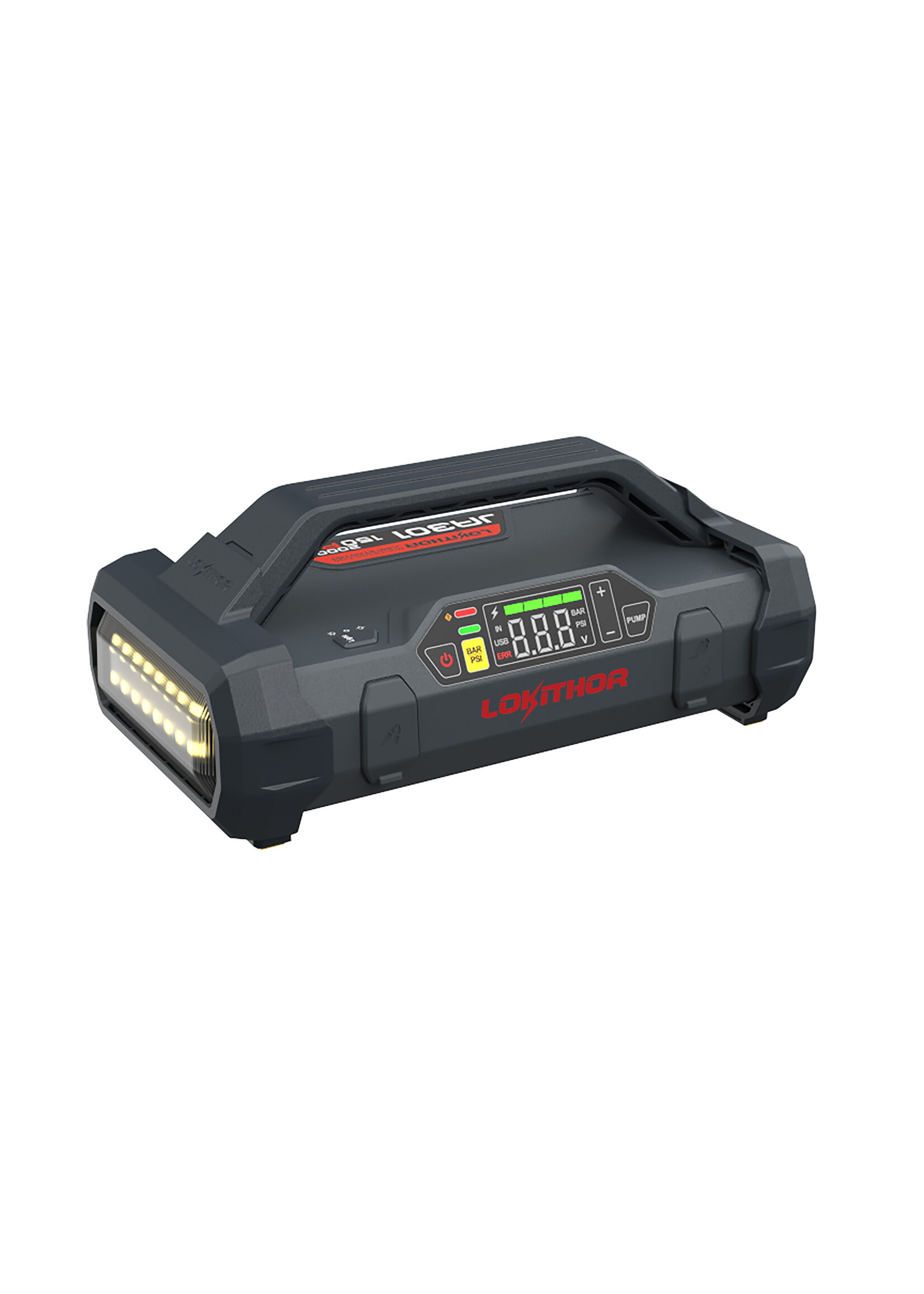 Lokithor De Lokithor JA301 is een jumpstarter met luchtcompressor en is een 4-in-1 multifunctioneel apparaat dat dienstdoet als jumpstarter, bandenpomp, powerbank en LED-zaklamp. De Lokithor JA301 is een krachtige jumpstarter die een indrukwekkende superstartstroo