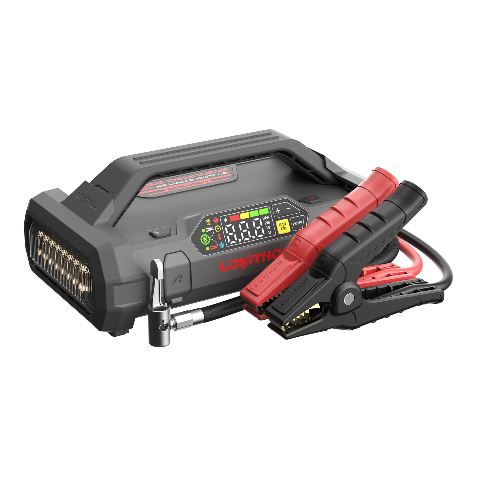 Lokithor The Lokithor JA301 PRO is a jump starter with air compressor and is a 4-in-1 multifunctional device that serves as a jump starter, tyre pump, power bank and LED torch. The Lokithor JA301PRO is a powerful jump starter that delivers an impressive super star