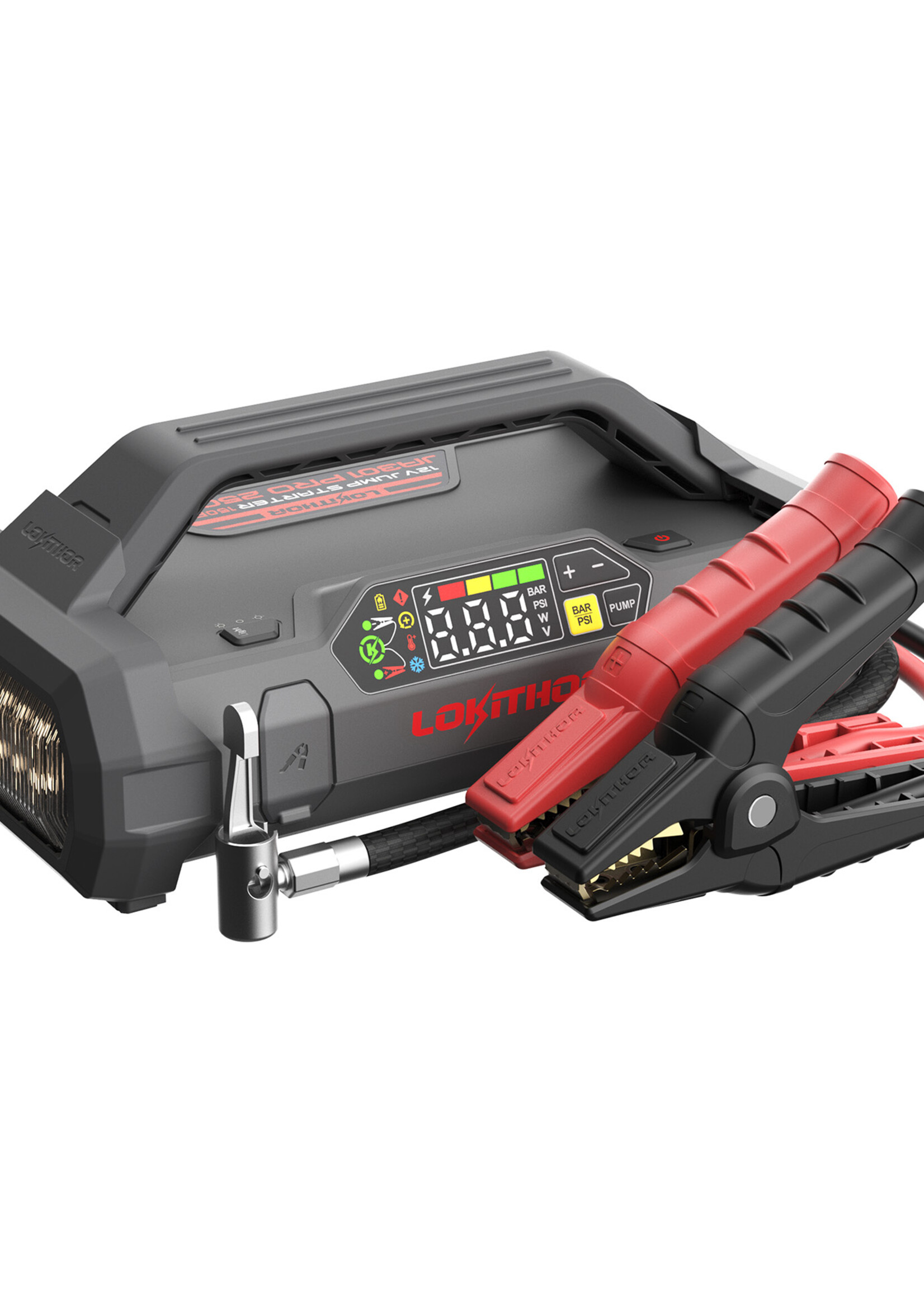 Lokithor The Lokithor JA301 PRO is a jump starter with air compressor and is a 4-in-1 multifunctional device that serves as a jump starter, tyre pump, power bank and LED torch. The Lokithor JA301PRO is a powerful jump starter that delivers an impressive super star