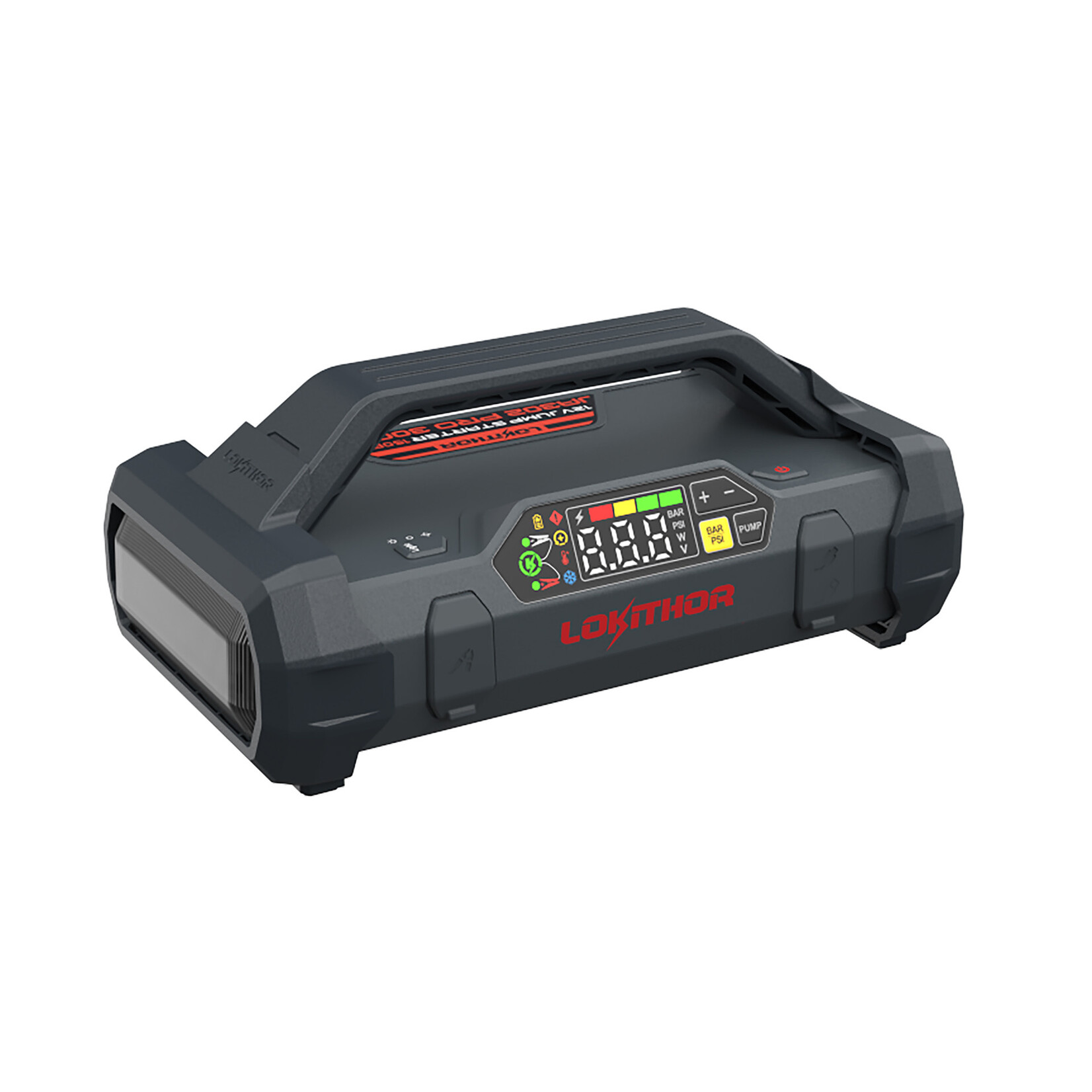 Lokithor The Lokithor JA302 PRO is a jump starter with air compressor and is a 4-in-1 multifunctional device that serves as a jump starter, tyre pump, power bank and LED torch. The Lokithor JA302PRO is a powerful jump starter that delivers an impressive super star