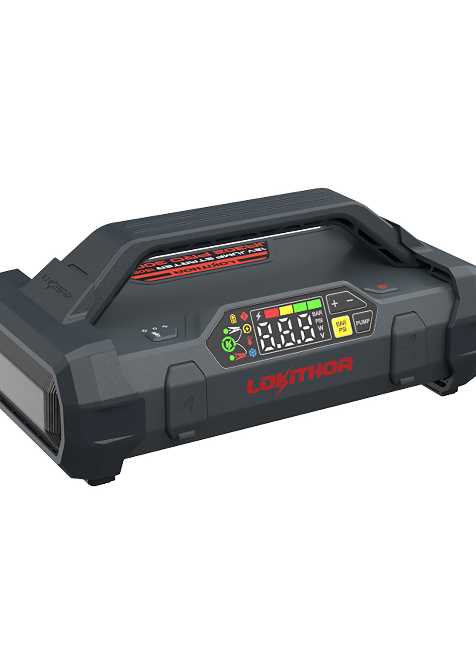 Lokithor The Lokithor JA302 PRO is a jump starter with air compressor and is a 4-in-1 multifunctional device that serves as a jump starter, tyre pump, power bank and LED torch. The Lokithor JA302PRO is a powerful jump starter that delivers an impressive super star