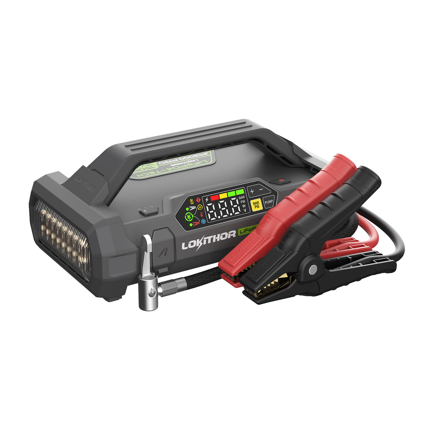 Lokithor De Lokithor JA3000 PRO is een jumpstarter met luchtcompressor en is een 4-in-1 multifunctioneel apparaat dat dienstdoet als jumpstarter, bandenpomp, powerbank en LED-zaklamp. De Lokithor JA3000PRO is een krachtige jumpstarter die een indrukwekkende supers