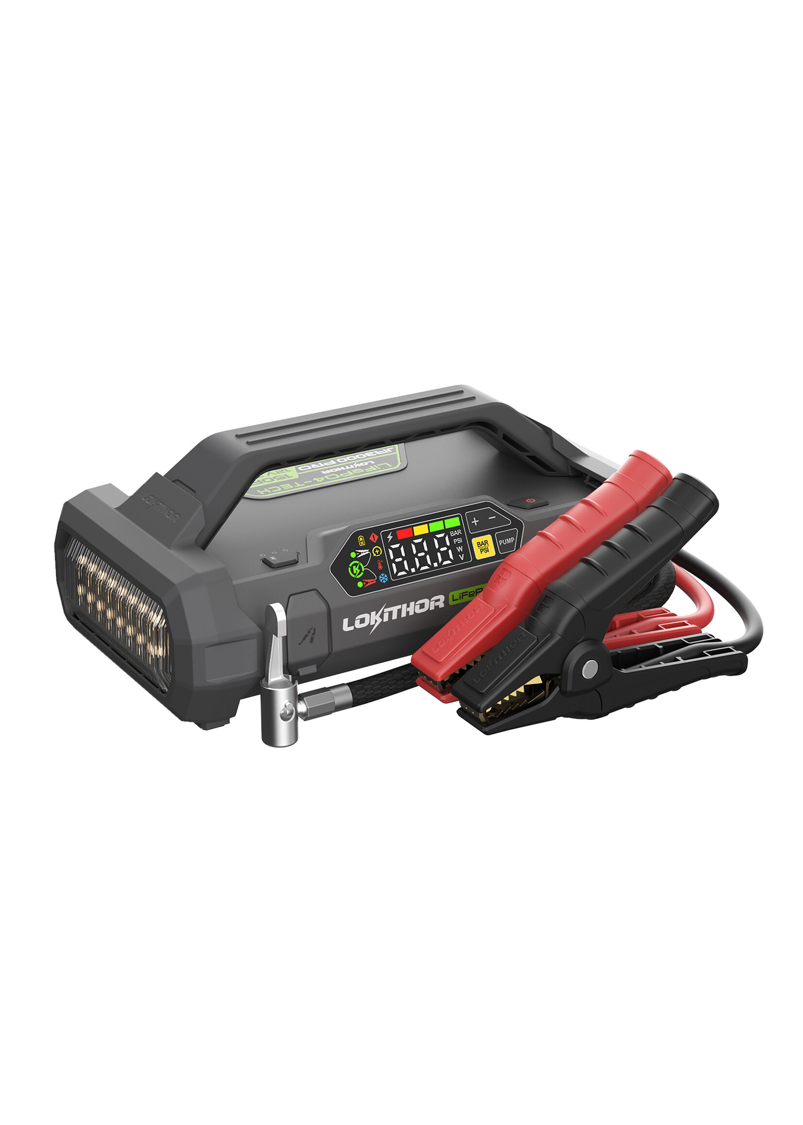 Lokithor De Lokithor JA3000 PRO is een jumpstarter met luchtcompressor en is een 4-in-1 multifunctioneel apparaat dat dienstdoet als jumpstarter, bandenpomp, powerbank en LED-zaklamp. De Lokithor JA3000PRO is een krachtige jumpstarter die een indrukwekkende supers