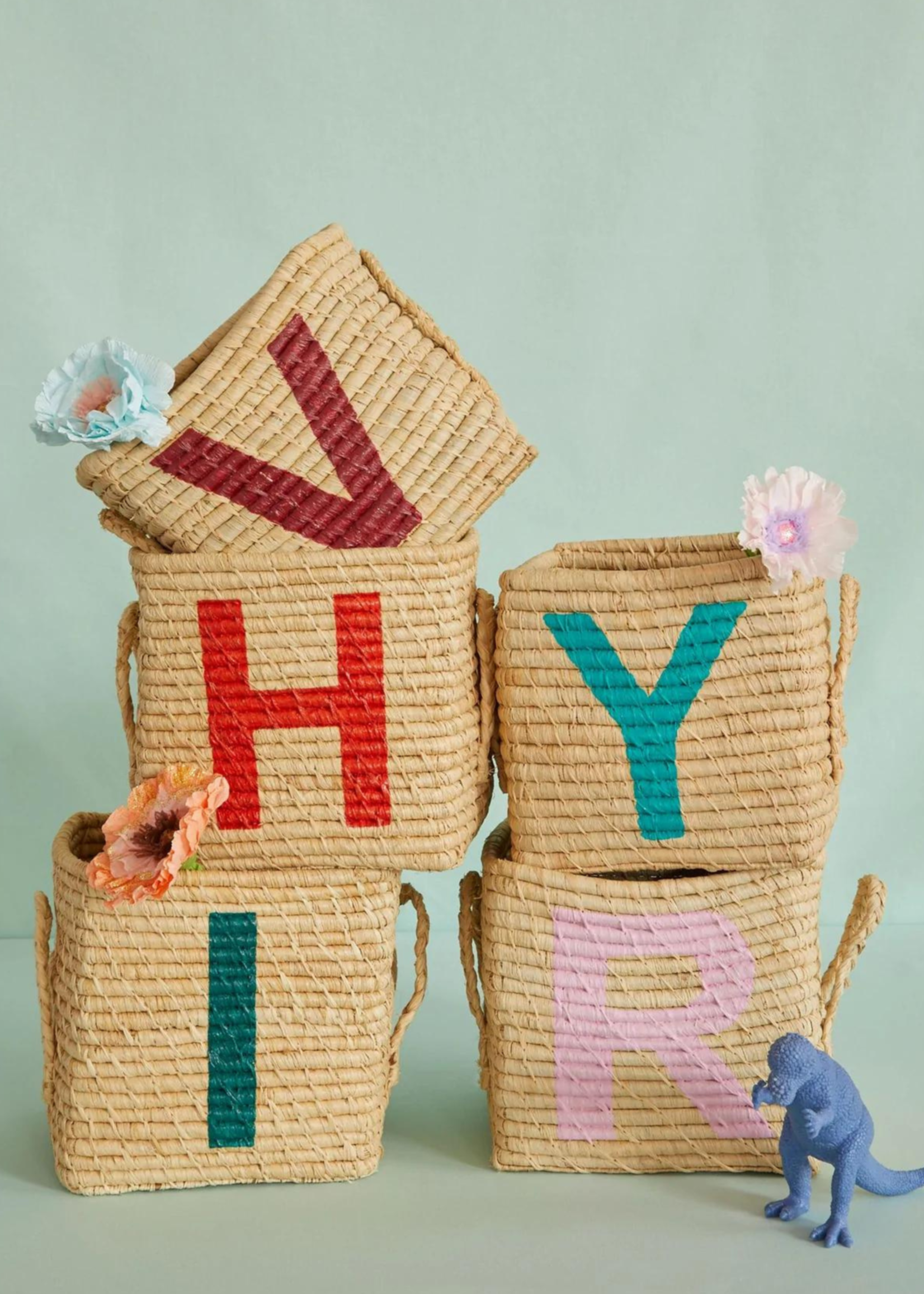 Rice Mand raffia square basket with painted letter D