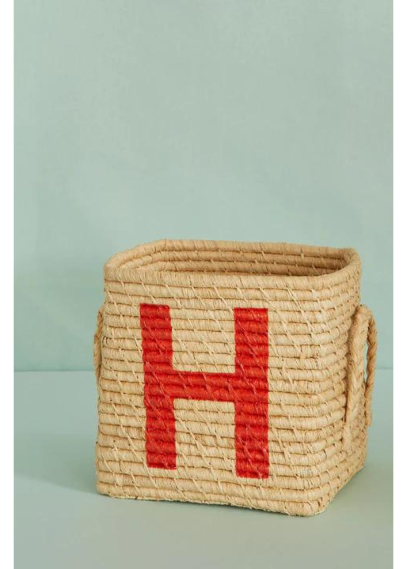 Rice Mand raffia square basket with painted letter H