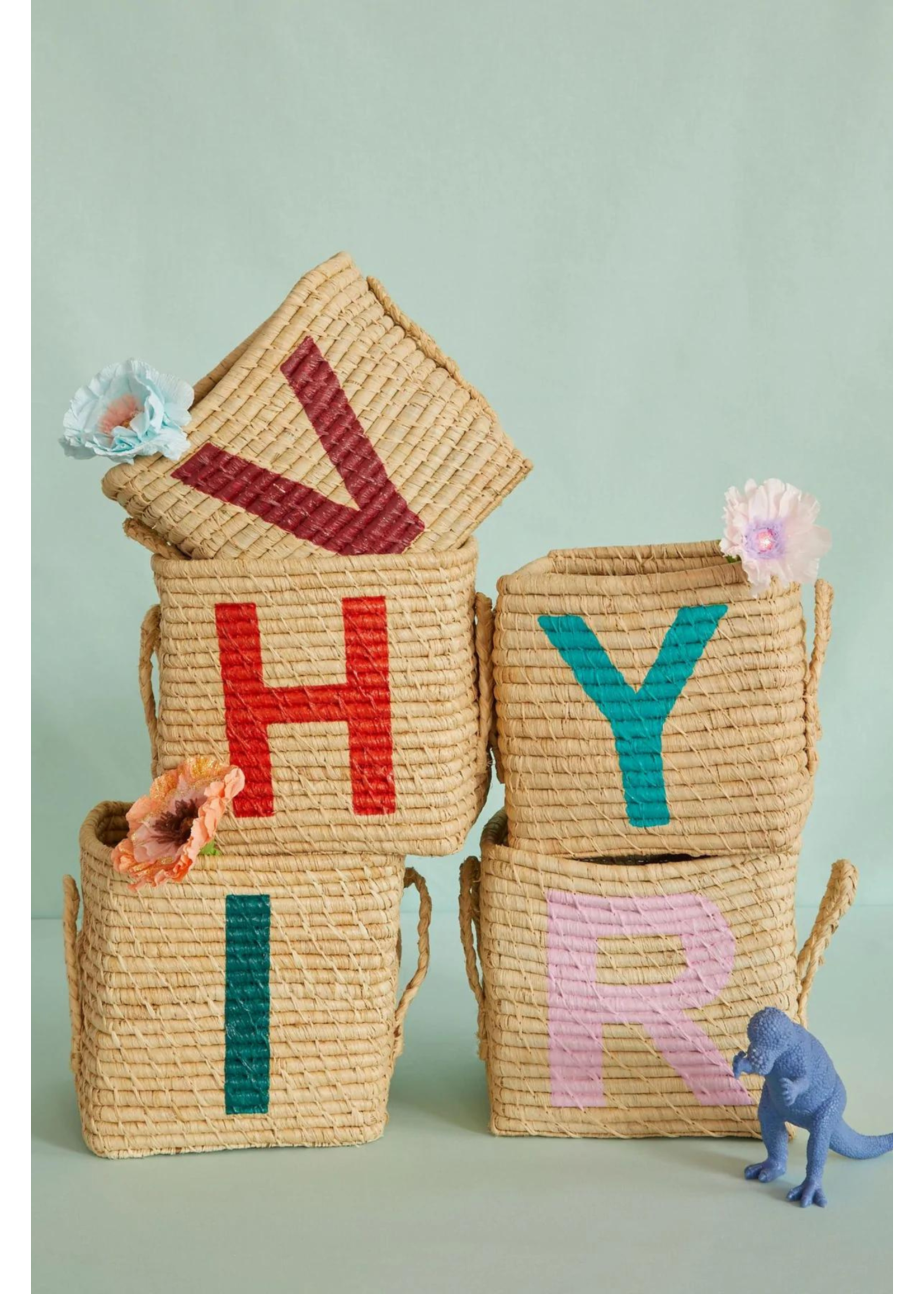 Rice Mand raffia square basket with painted letter H