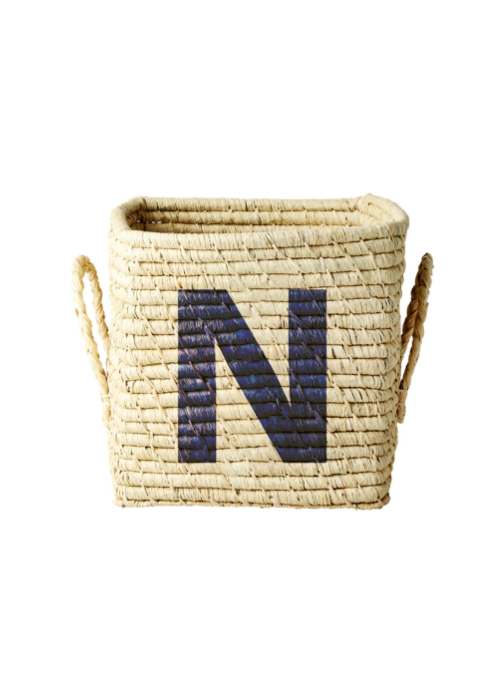 Rice Mand raffia square basket with painted letter N