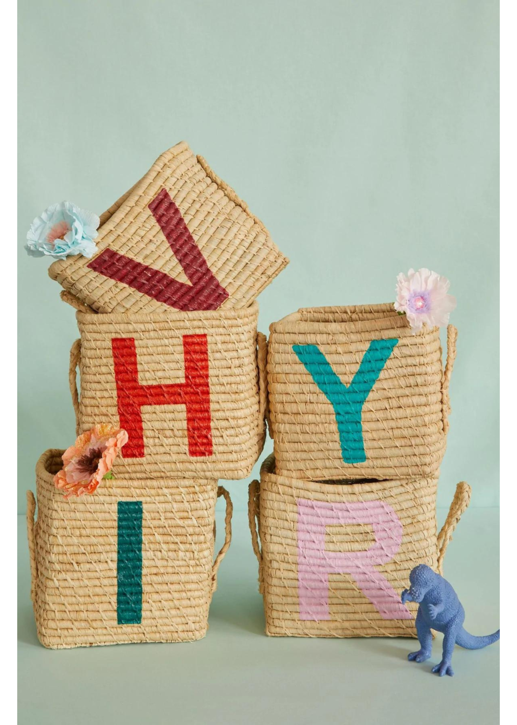 Rice Mand raffia square basket with painted letter N