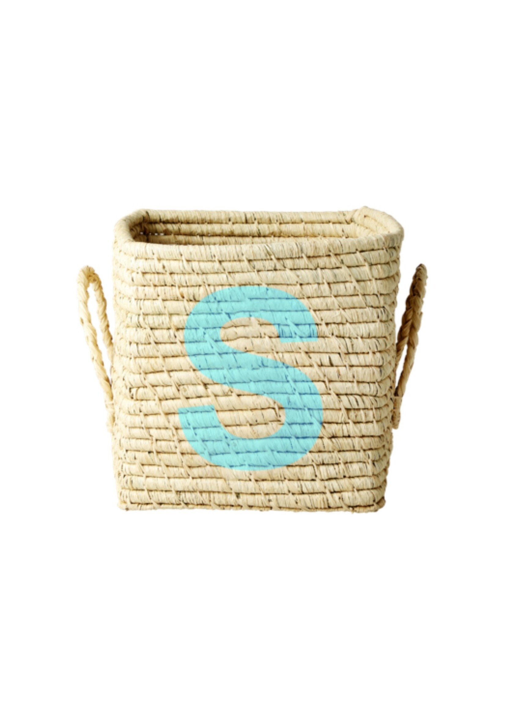 Rice Mand raffia square basket with painted letter S