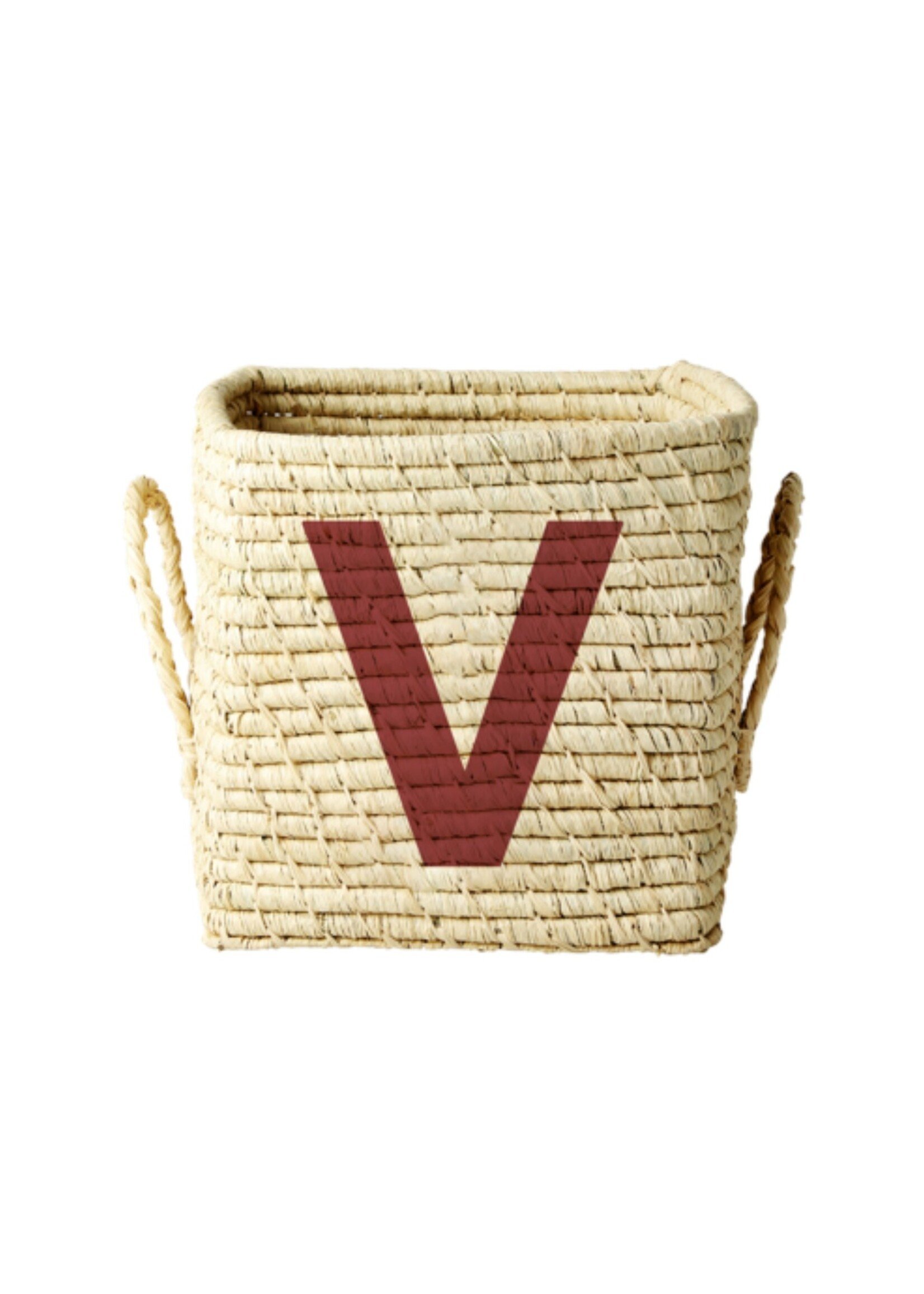 Rice Mand raffia square basket with painted letter V