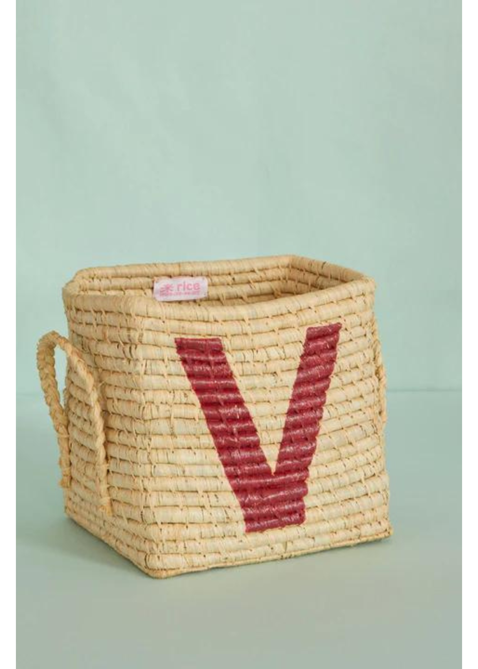 Rice Mand raffia square basket with painted letter V