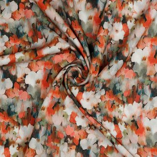 Modestoffen - Het Stoffenhuis Radiance Digital Flowers Aqaurel - Petrol/Oranje