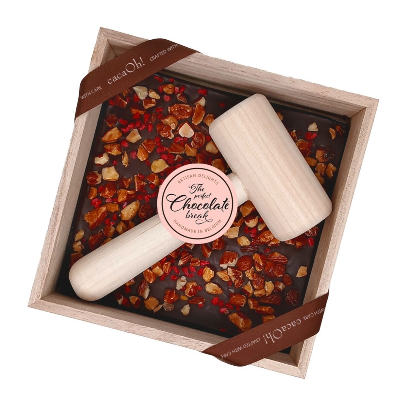 CACAOH CACAOH HAMERBOX CHOCOLADE PUUR FRAMBOOS AMNDELEN 160GRAM