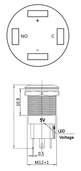 Otronic Push button | Momentary - pulse | 5V LED Green | Stainless steel | 12mm